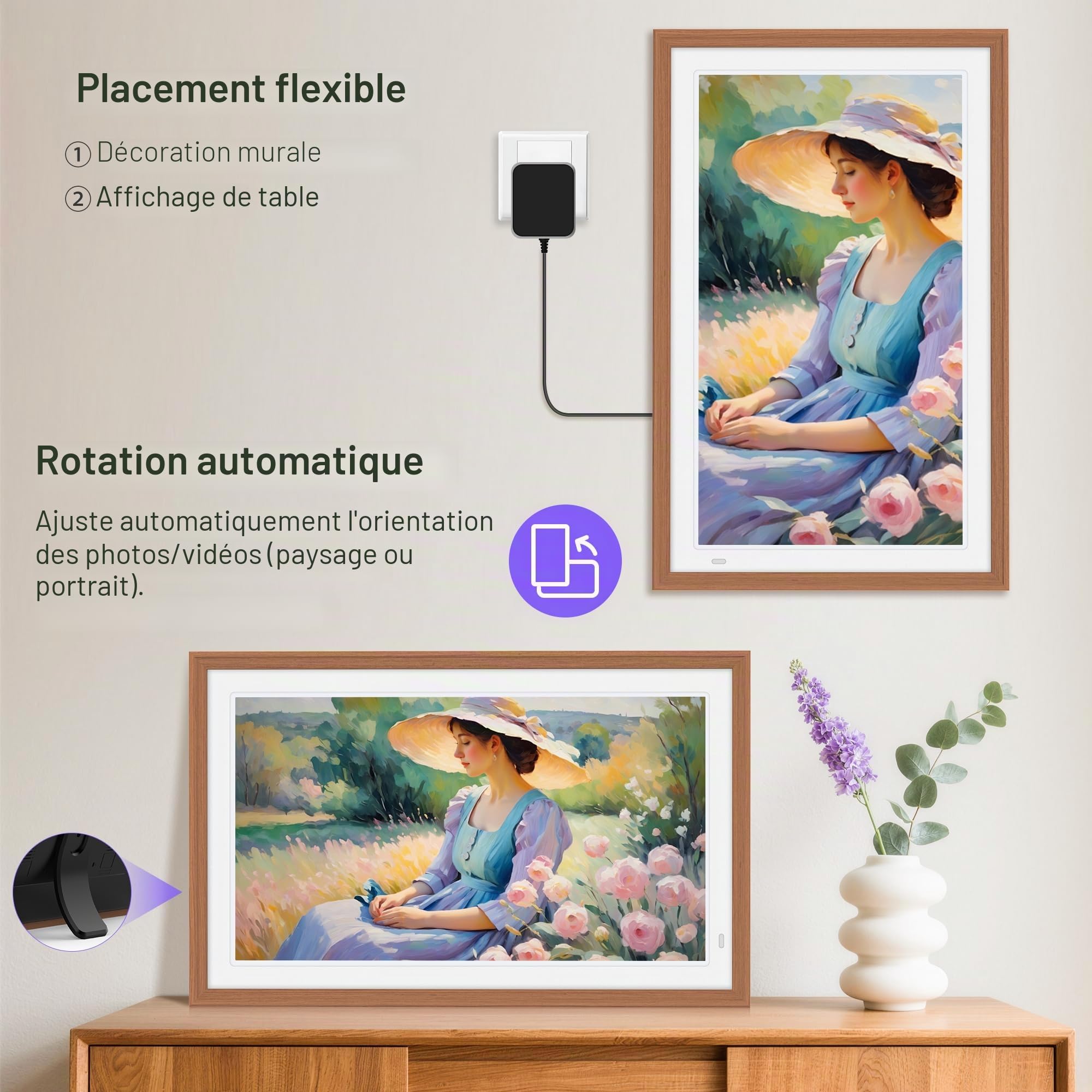 Cadre photo numérique 64 Go 21,5" avec cadre intérieur blanc - FHD 1920 x 1080P IPS - Rotation automatique - Partagez des photos/vidéos instantanément