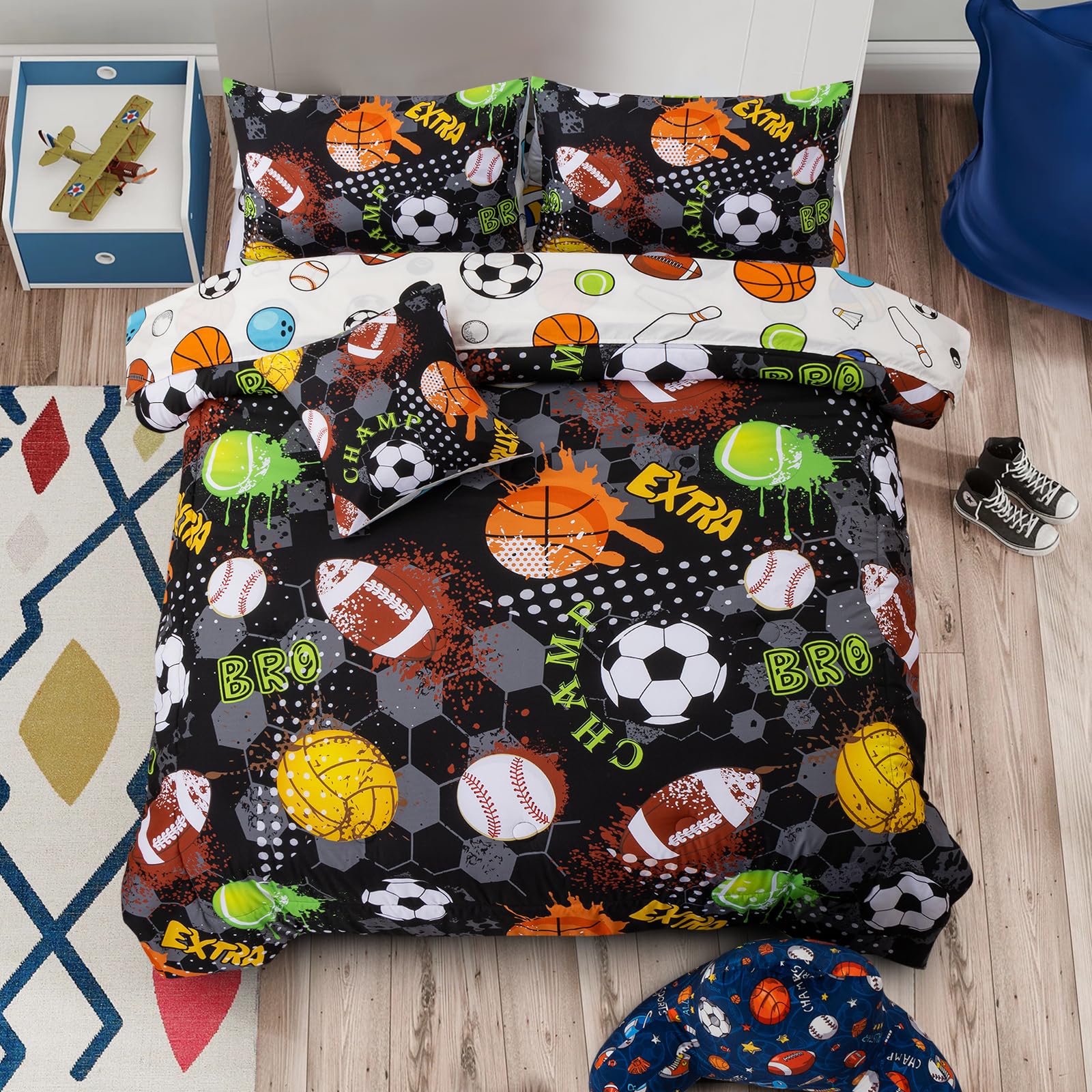 A Nice Night 6Pcs Bed in A Bag Twin Sports Microfiber Comforter Set,Black Rugby Ball Basketball Printed Bedding Collections,for Boys Kids Teen