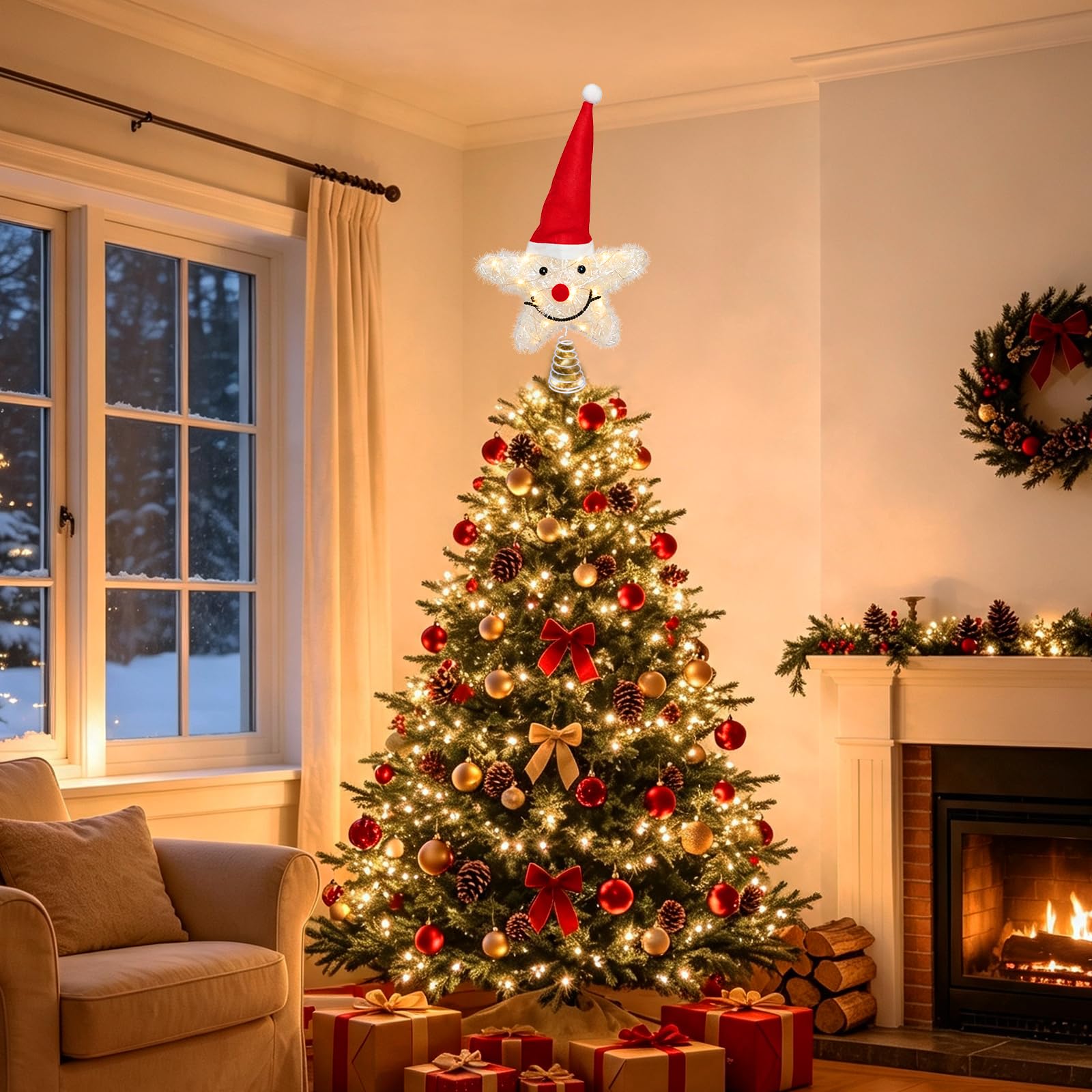 Puntale per albero di Natale a forma di stella, con 20 luci a LED bianco caldo, funzionamento a batteria, timer 6 ore, carino elfo bianco con faccia di elfo illuminato a stella, ornamento per la parte