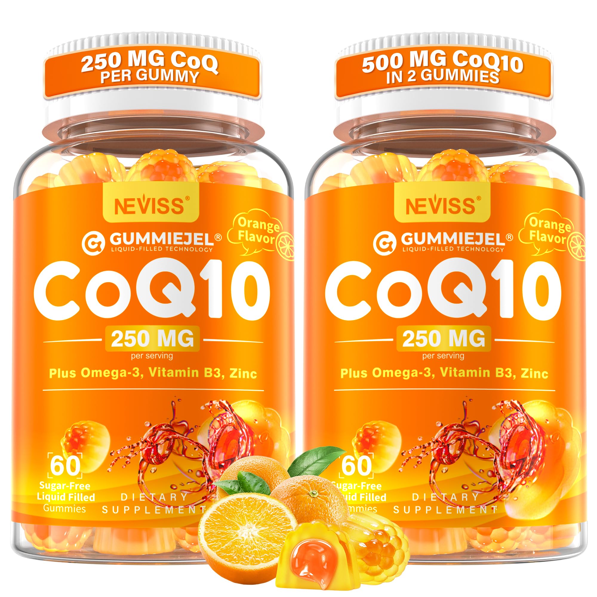 CoQ10 + Omega-3 Gummies: 500mg Coenzyme Q10 per 2 Gummies, 250mg One Gummy