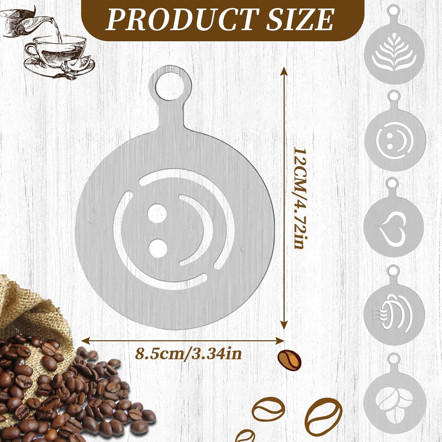4 stencil per caffè in acciaio inox – decorazione per torta e