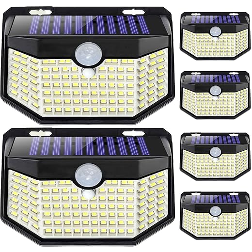 HMCITY 120 LED Outdoor Solar Lights with Motion Sensor and 3 Lighting Modes, IP65 Waterproof Wide Solar Wall Lights Ideal for Garden Patio Yard (Front Button 6Packs, Daylight White, 6500K)