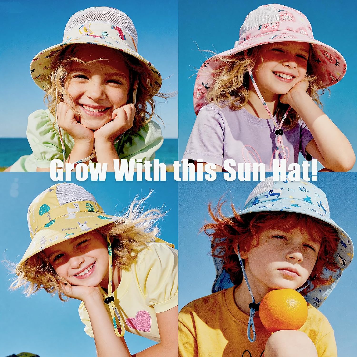 Kids UPF50+ Protection Sun Hat with Neck Flap Wide Brim, Ponytail Beach Summer Bucket Hat for Girls Boys