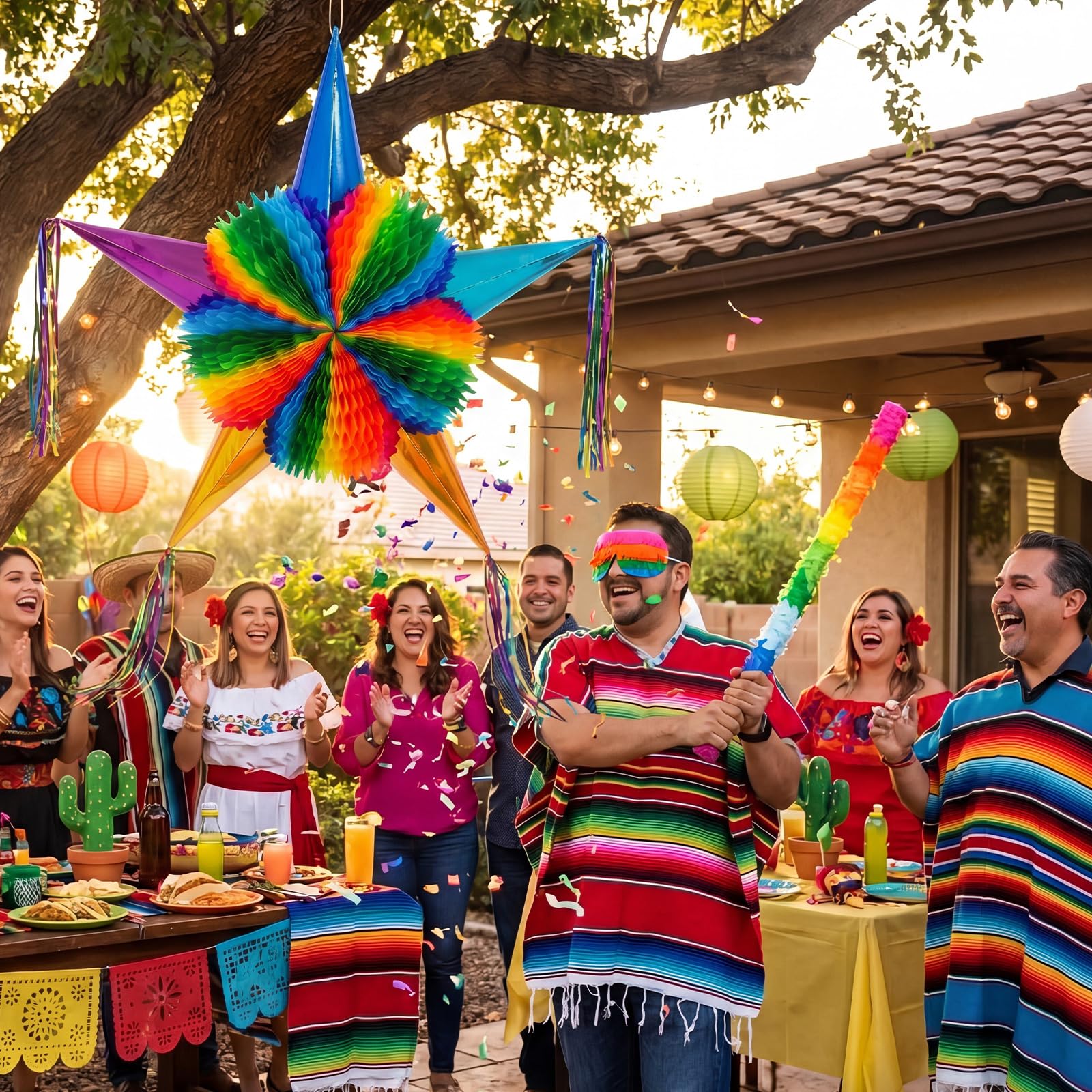 Set di piñata grande da 66 cm con bastone bendato, coriandoli pieghevoli messicani Fiesta Piñata arcobaleno decorazioni a nido d'ape per Cinco De Mayo festa di compleanno Carnevale Taco