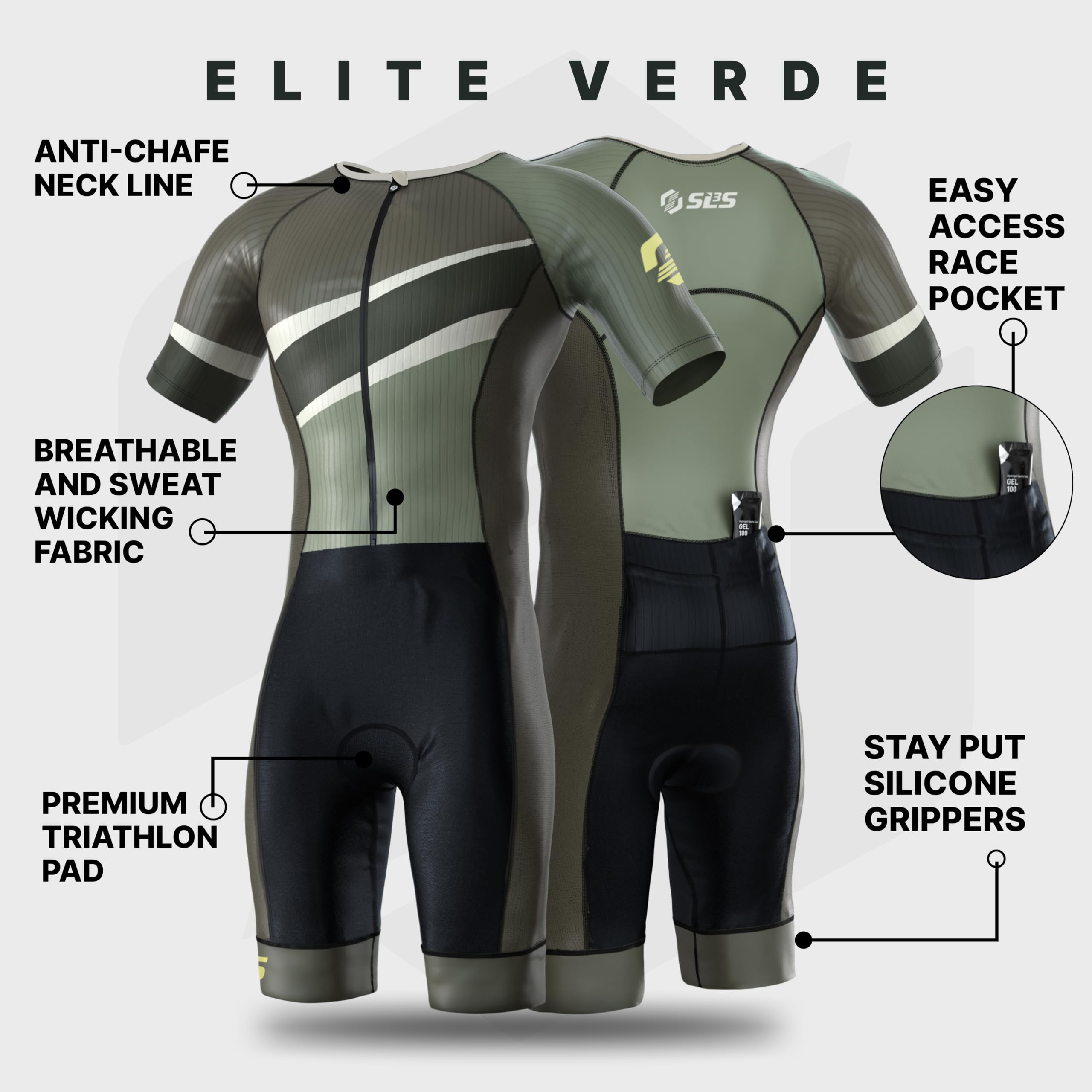 SLS3 Triathlon Suits Elite Aero Tri Suit Hombre - Triatlón Trisuit - Cremallera completa, mangas aerodinámicas, bolsillos internos y traseros