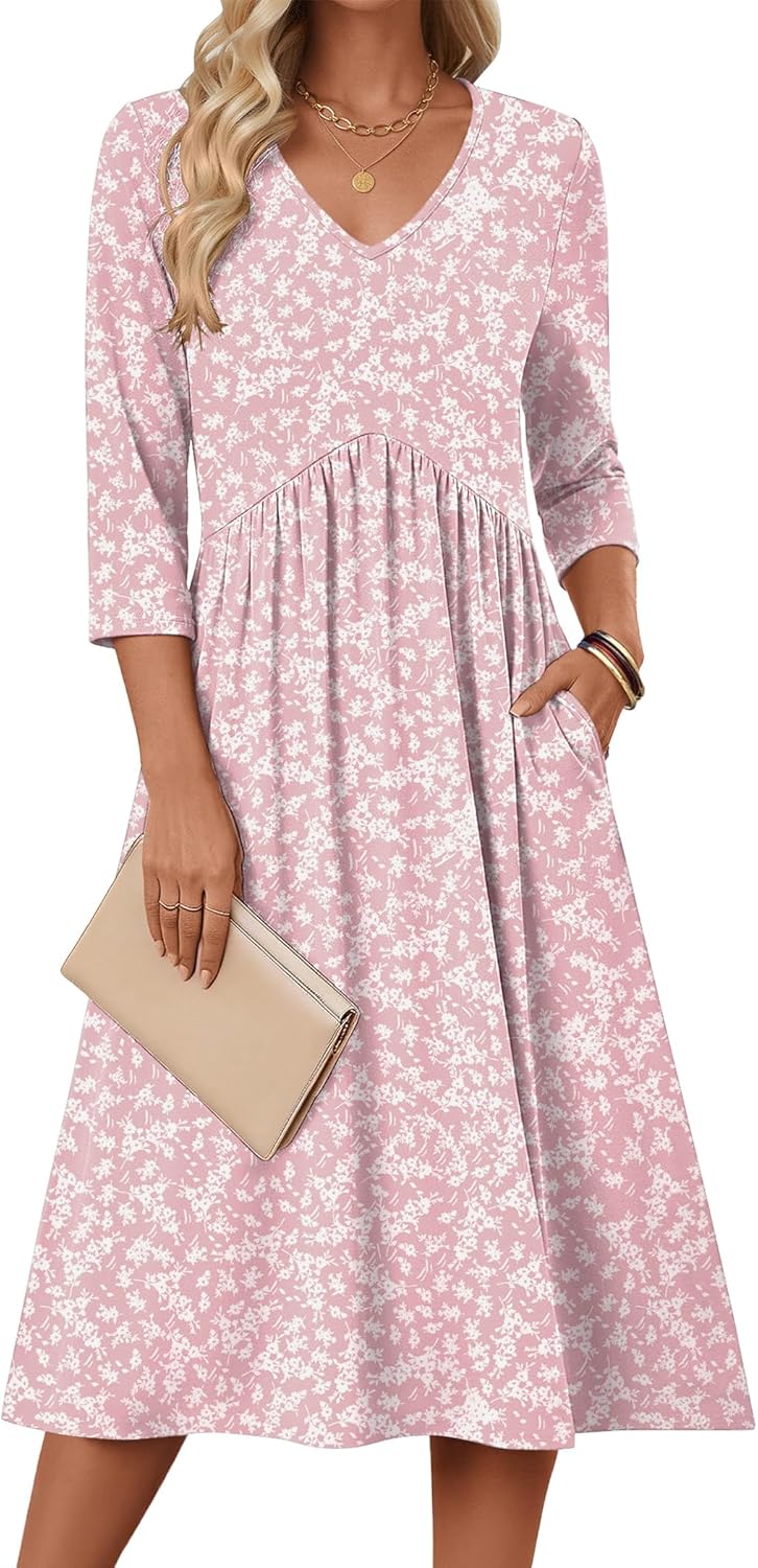 Zeagoo 3/4 Sleeve Women's Dress Casual Midi Tshirt Dresses with Pockets Empire Waist Summer Semi-Formal Boho Beach Sundress - Image 2