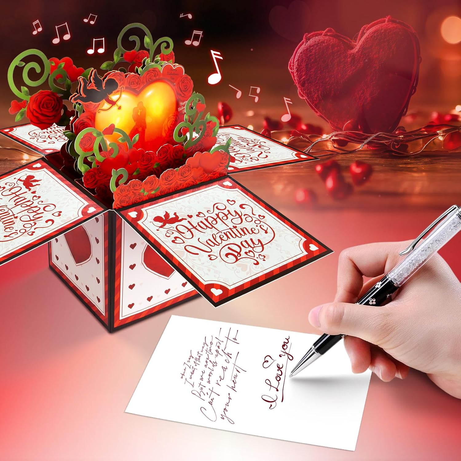 Valentines Day Card, LIGHT & Romantic MUSIC Valentines Gift for Her Him Couple, Pop up Happy Valentine's Card (Red) - Image 5