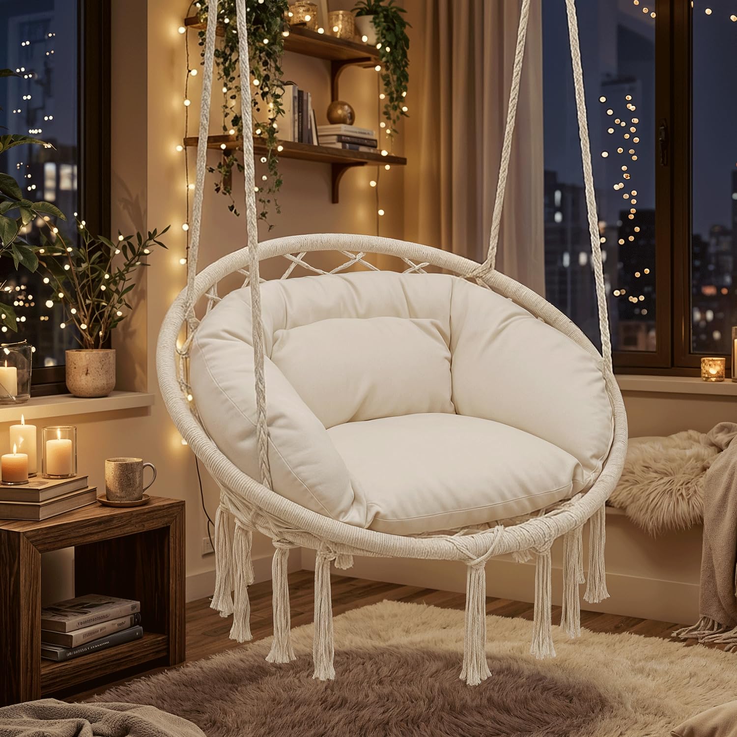 Magshion Chaise hamac suspendue avec coussin complet confortable, balancelle extérieure en macramé avec capacité de 158,8 kg, meuble d'appoint idéal pour salon, chambre à coucher, porche, détente et