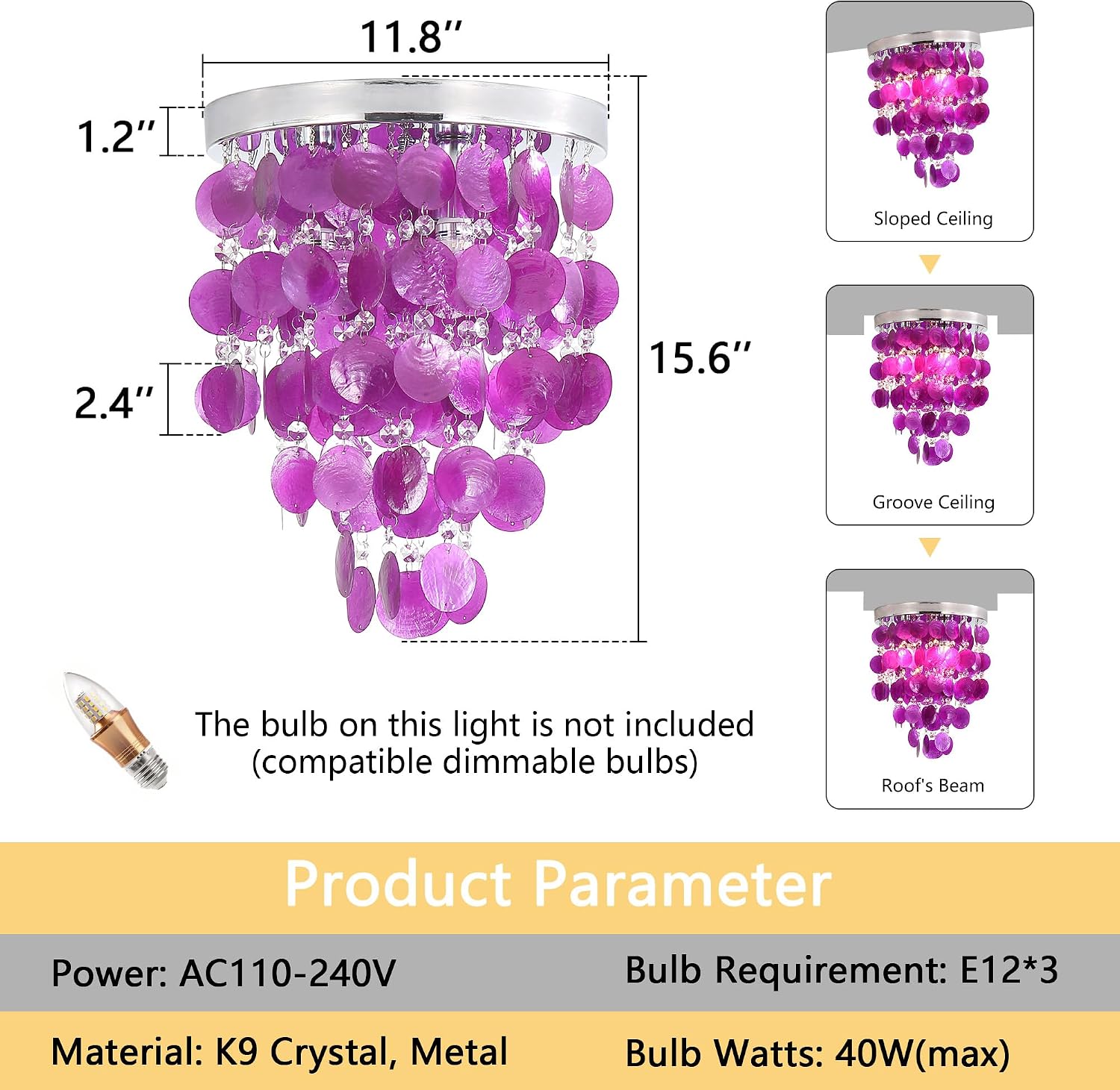 Modern Chandelier Crystal Shell,Semi Flush Mount Purple Girl Chandelier, LED Ceiling Light Fixture Bedroom Bathroom Closet Nursery 3 Lights