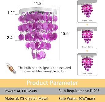 Modern Crystal Shell Chandelier, Semi Flush Mount Purple Chandelier for Girl's Bedroom LED Ceiling Light Fixture for Entryway Bathroom Closet Nursery 3 Lights
