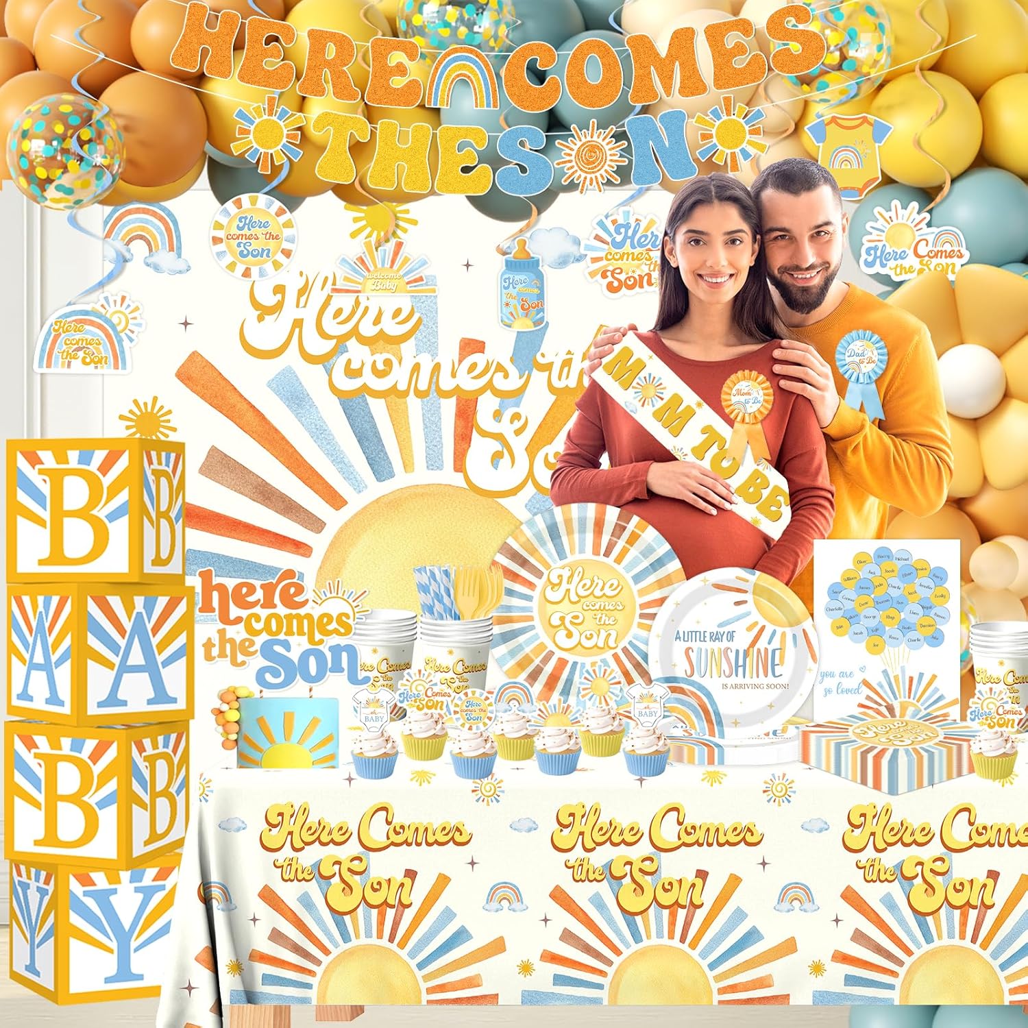 Here Comes the Son Baby Shower Decor for Boy, All-in-1 Boho Retro Sunshine Baby Shower Decorations with Balloon Arch Baby Boxes Rainbow Plates Napkins Cake Topper Tablecloth Backdrop It’s A Boy Decor