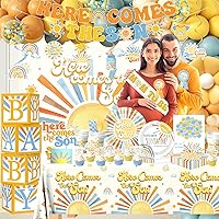 Vista 3 de Here Comes the Son Baby Shower Decor for Boy, All-in-1 Boho Retro Sunshine Baby Shower Decorations with Balloon Arch Baby Boxes Rainbow Plates