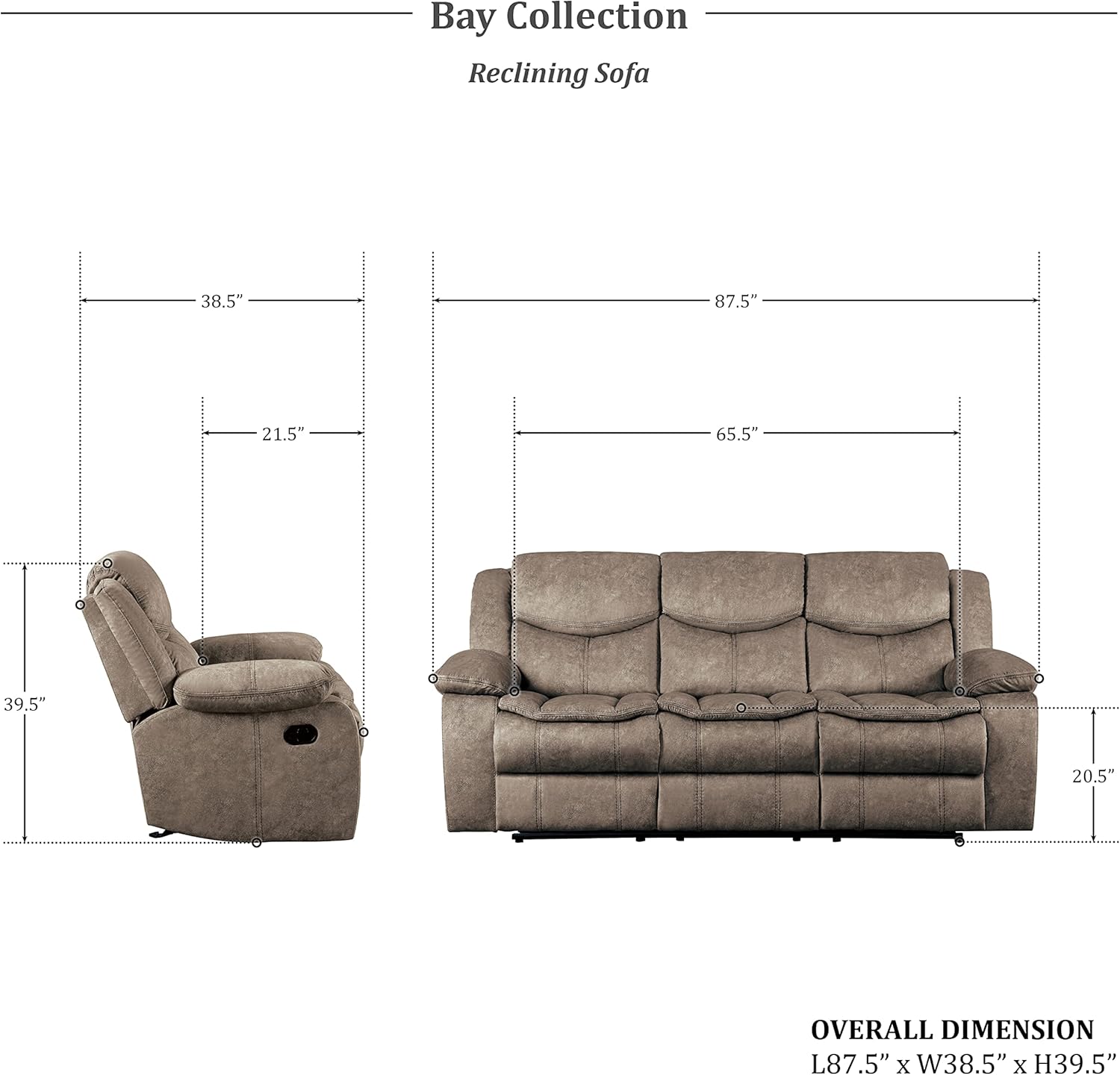 Lexicon Bay Manual Reclining Living Room Sofa Set, 2-Piece, Brown
