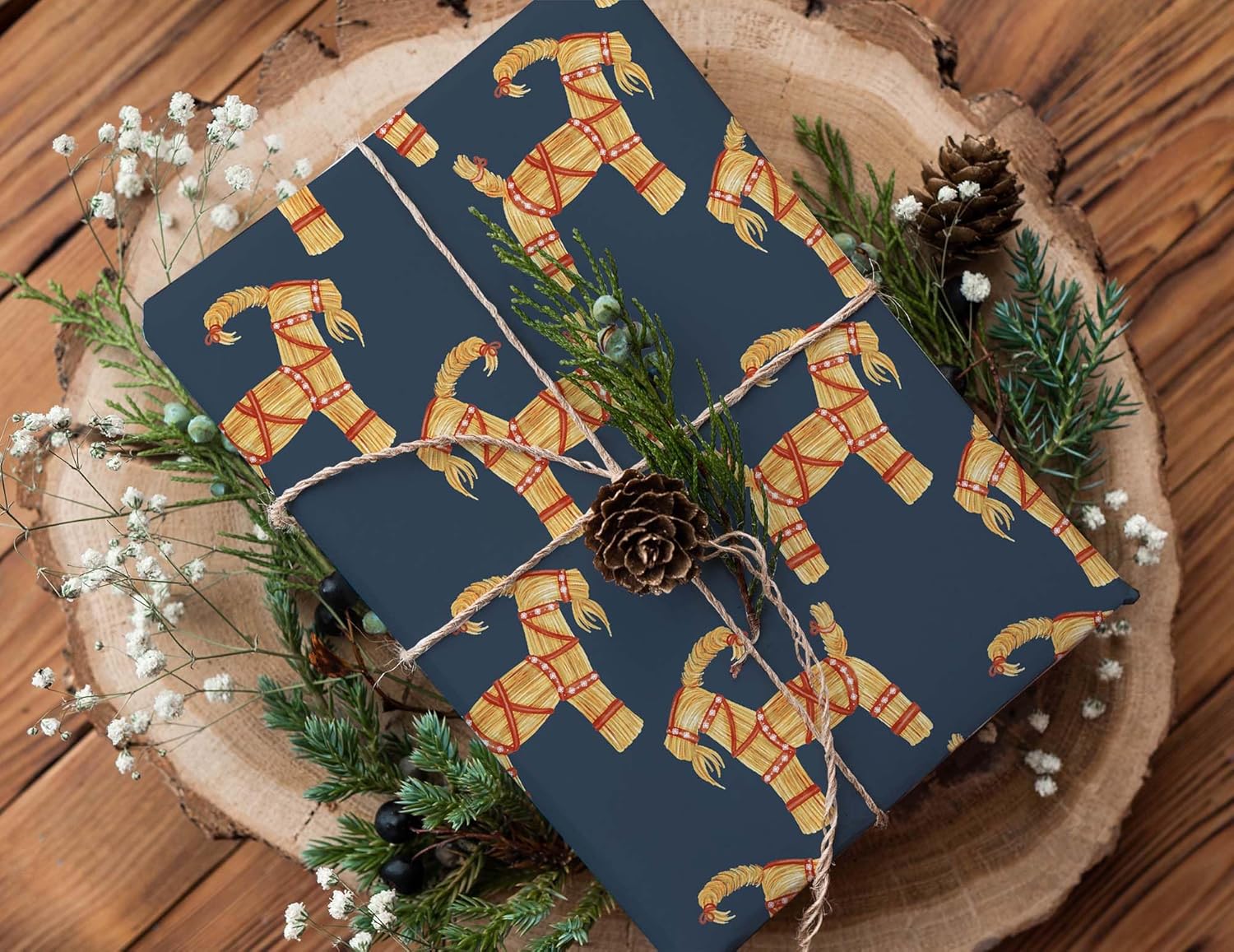 Cute Watercolor Straw Goat Gift Wrap Yule Yuletide Winter Solstice Thick Christmas Wrapping Paper Home Decor (12 foot x 30 inch roll)