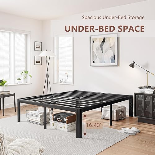 Miniatura 49 de Marco de cama de metal de alta resistencia de 16 pulgadas, marco de cama de plataforma tamaño matrimonial, no necesita somier, sin ruido, fácil