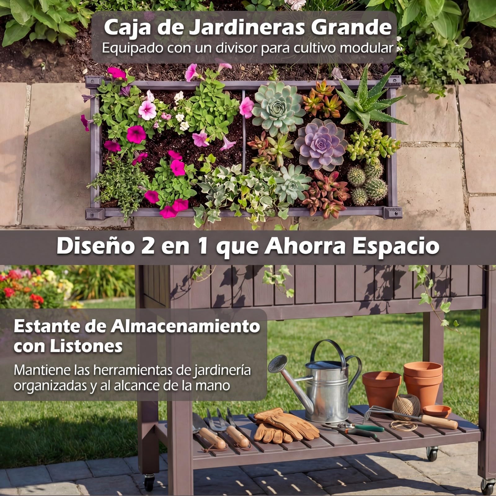 COSTWAY Huerto Urbano Elevado Mesa de Cultivo con Ruedas, Caja de Planta Divisible con Monitor de Agua, Orificio de Drenaje y Estante para Verduras y Hierbas, para Cultivo Plantas Flores Verduras