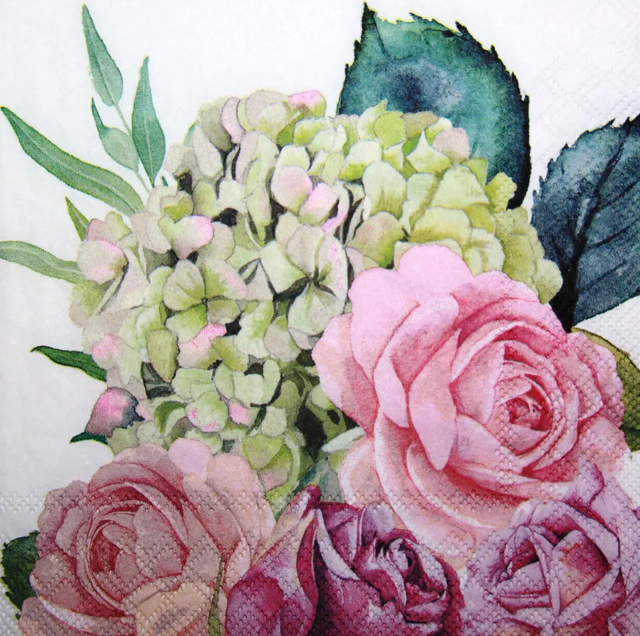Set of 2 Individual Decoupage Paper Party Napkin Roses Hydrangea Flowers Watercolor Decor Luncheon Napkins for a Birthday Holiday, Wedding, Cocktail Party