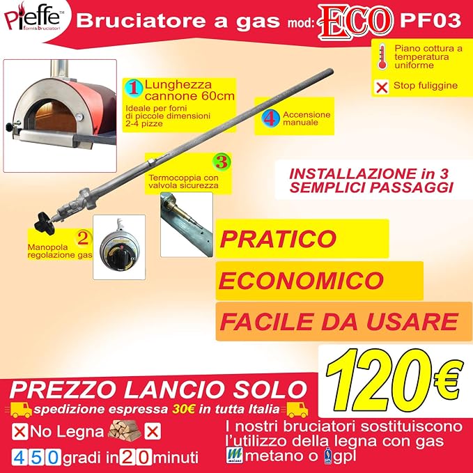 Pieffe Gas Burner Methane or LPG Model Eco PF03 for Wood Oven with Manual  Ignition: Amazon.co.uk: Home \u0026 Kitchen