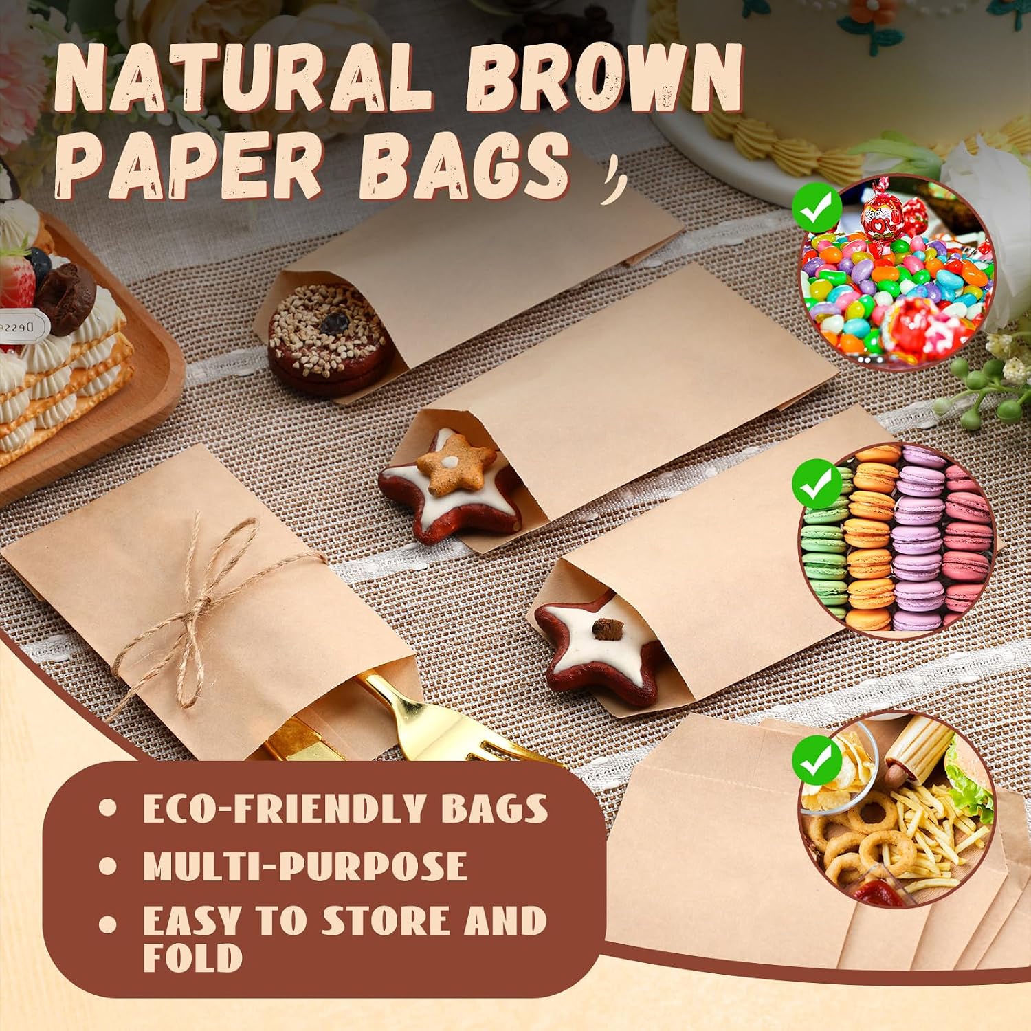 Eersida 300 Pcs 3 X5 Inch Natural Kraft Paper Treat Bags Flat Favor Gift Bag Silverware Merchandise Envelopes for Bakery Cookies Treats Snack Cookie Popcorn Candy Sandwich Small Gift