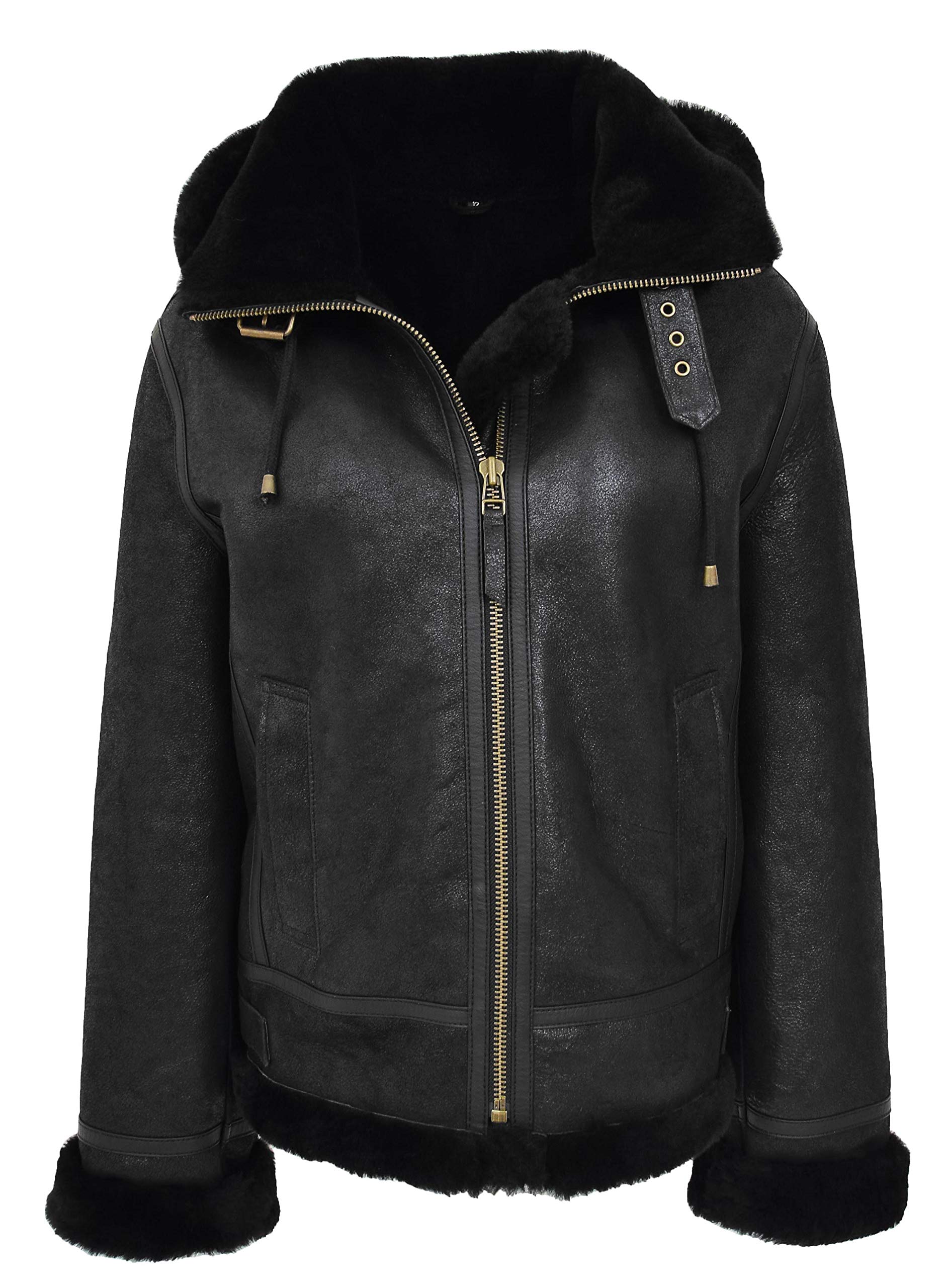 House Of Leather Women's Black Real Sheepskin B3 Hooded Jacket Aviator Pilot Style Naomi (10, )