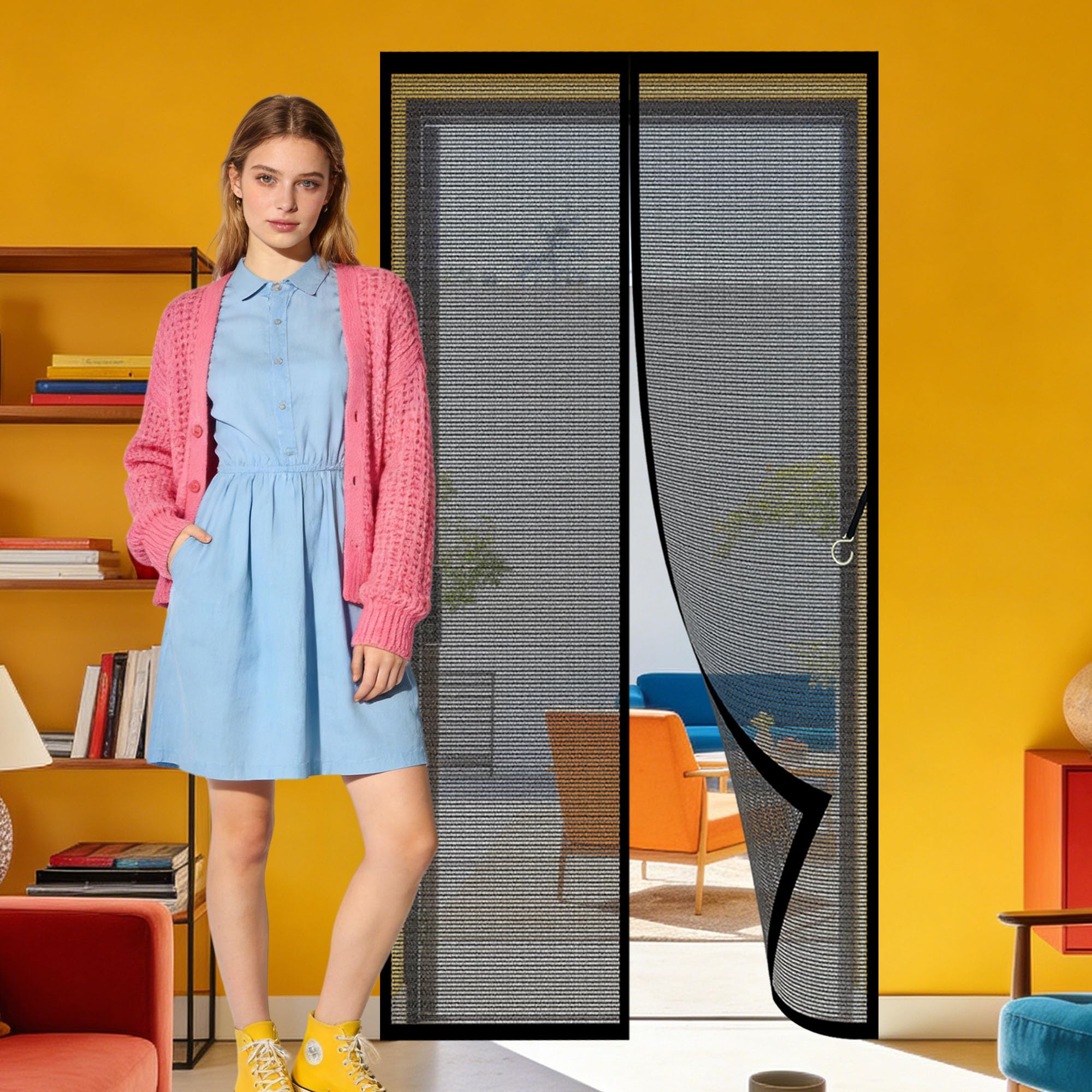 Magnetic Fly Screen 104 x 266 cm with Magnetic Closure Fly Screens Doors Keep Bugs Out Lets Fresh Air in Suitable for Patio Room Balcony Bedroom, Black