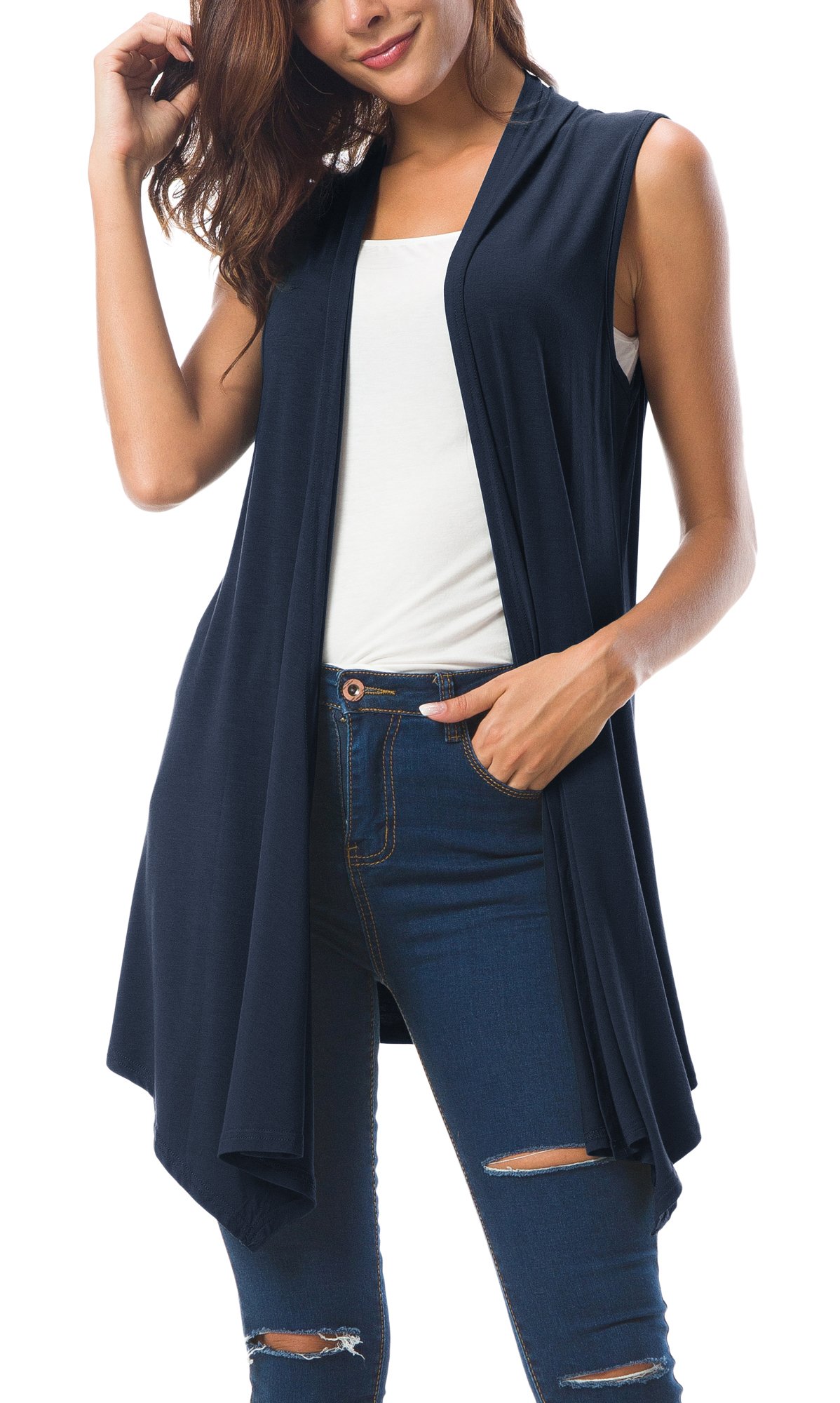 Urban CoCoWomen's Sleeveless Draped Open Front Cardigan Vest Asymmetric Hem