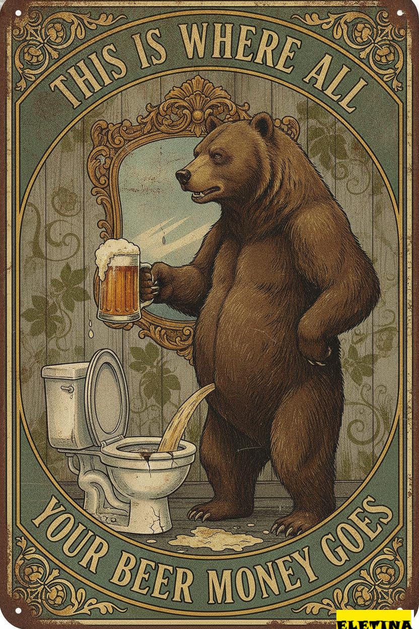 Personalized Sign for Man Cave Retro Funny Washroom Tin Toilet Metal Poster, Bear Money Goes, Humor Wall Art Decor Cute Gifts Home Bar Restroom Plaque 8x12 Inch Private Property Decorative