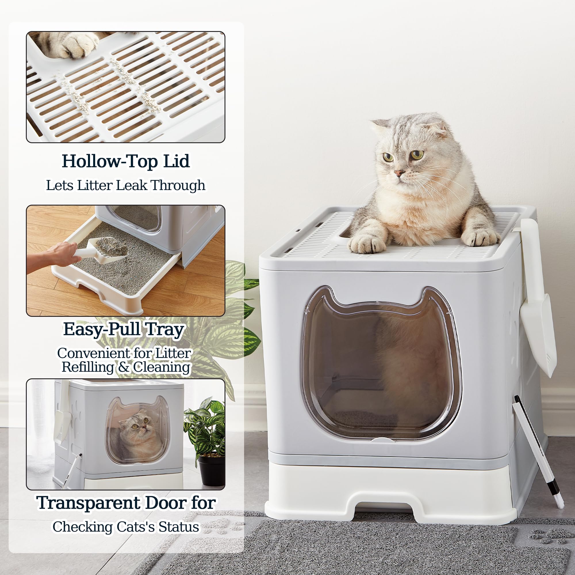 Vealind Caja de arena plegable para gatos con tapa, cajas cubiertas de arena para gatitos con cuchara y cepillo, caja de arena cerrada para gatos con bandeja de arena
