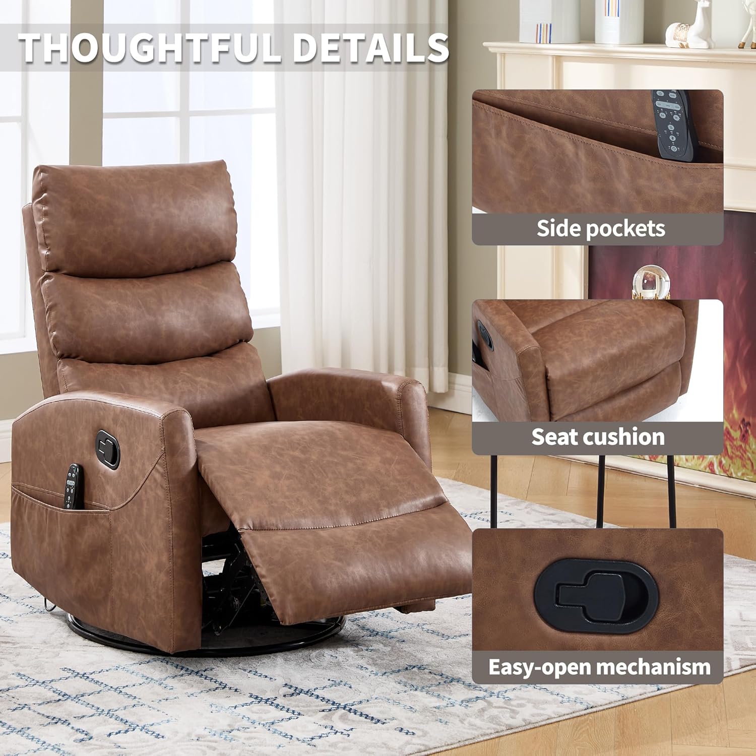 Manual Swivel Rocker Recliner Chair for Adults, Overstuffed Reclining Glider Chair for Nursing with Vibration Massage & Heat, Living Room Rocking Recliner 3-Stage backrest, Faux Leather Yellow Brown