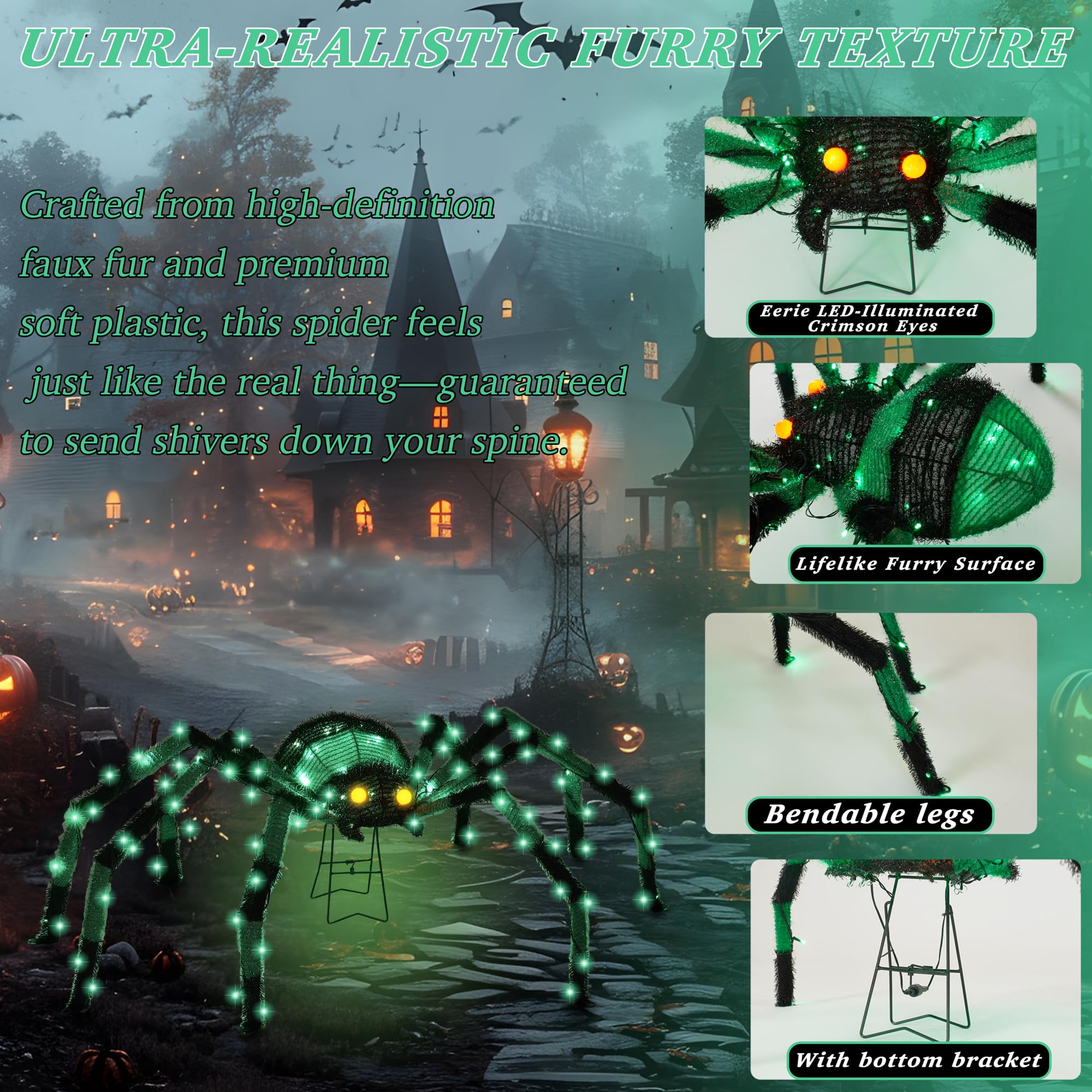 Gigantyczny pająk, dekoracje na Halloween, na zewnątrz, 132 cm, świecący pająk z 90 diodami LED, na podwórko, werandę, do ogrodu, trawnika, na imprezę halloweenową (zielony)