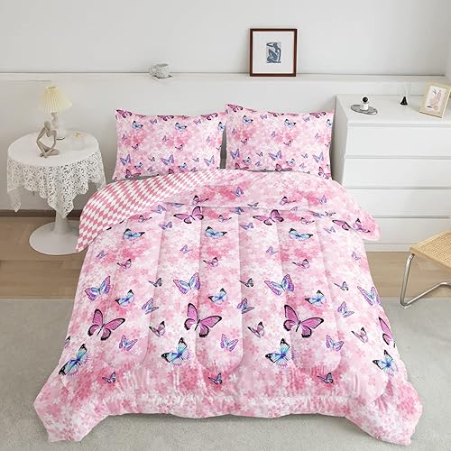 Miniatura 4 de Juego de edredón para niñas con estampado de mariposas y flores rosas, 1 edredón y 2 fundas de almohada para dormitorio de niñas durante toda la