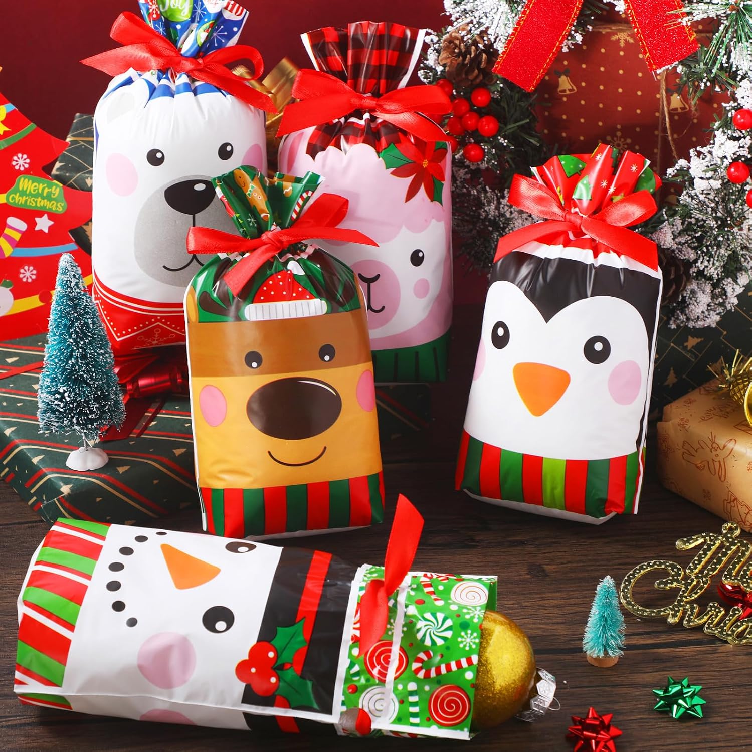 Funrous 50 Pieces Christmas Candy Treat Bags Bulk Plastic Xmas Drawstring Gifts Bag Elk Snowman Penguin Christmas Party Favors Bags for Kids Winter Holiday Goodies Cookies Wrapping Supplies, 5 Styles
