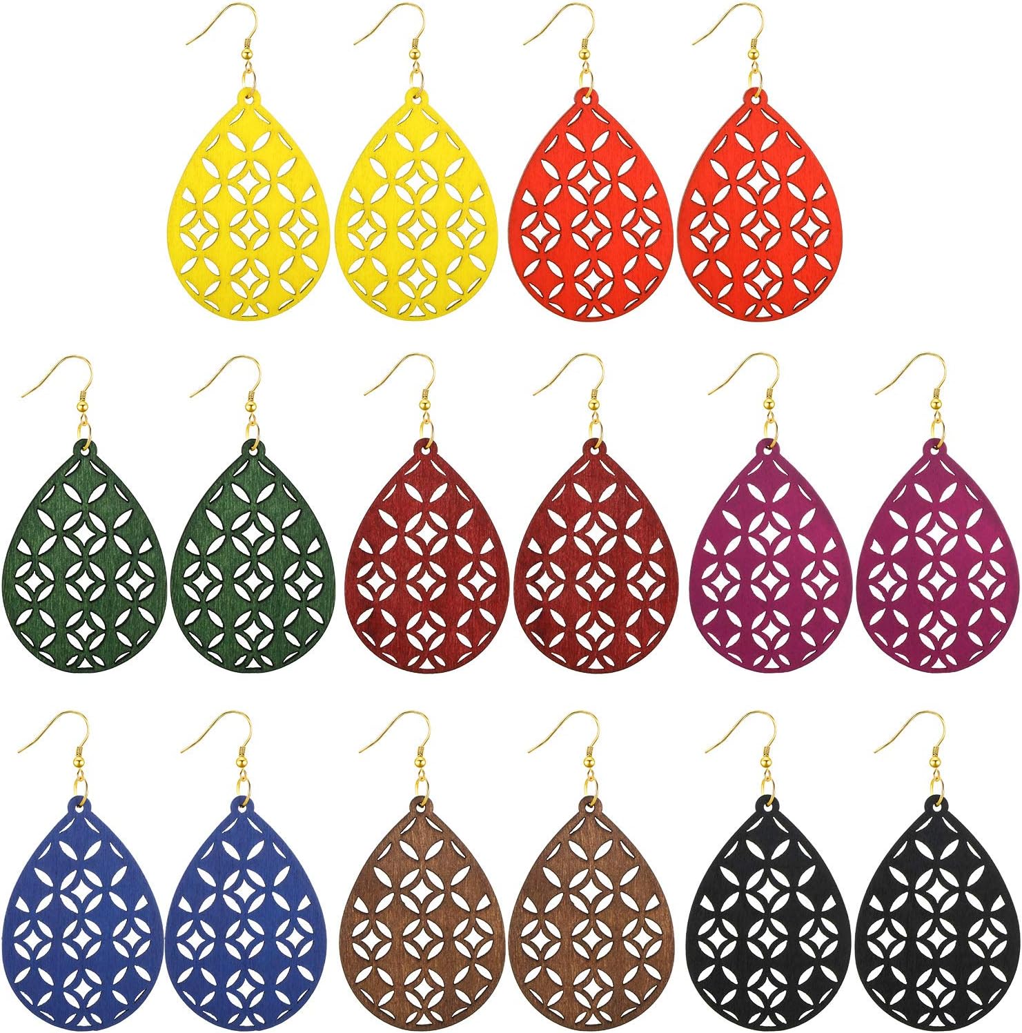 8 Pairs Women Lightweight Bohemian Earrings Wooden Teardrop Cut-Out Dangle Earrings