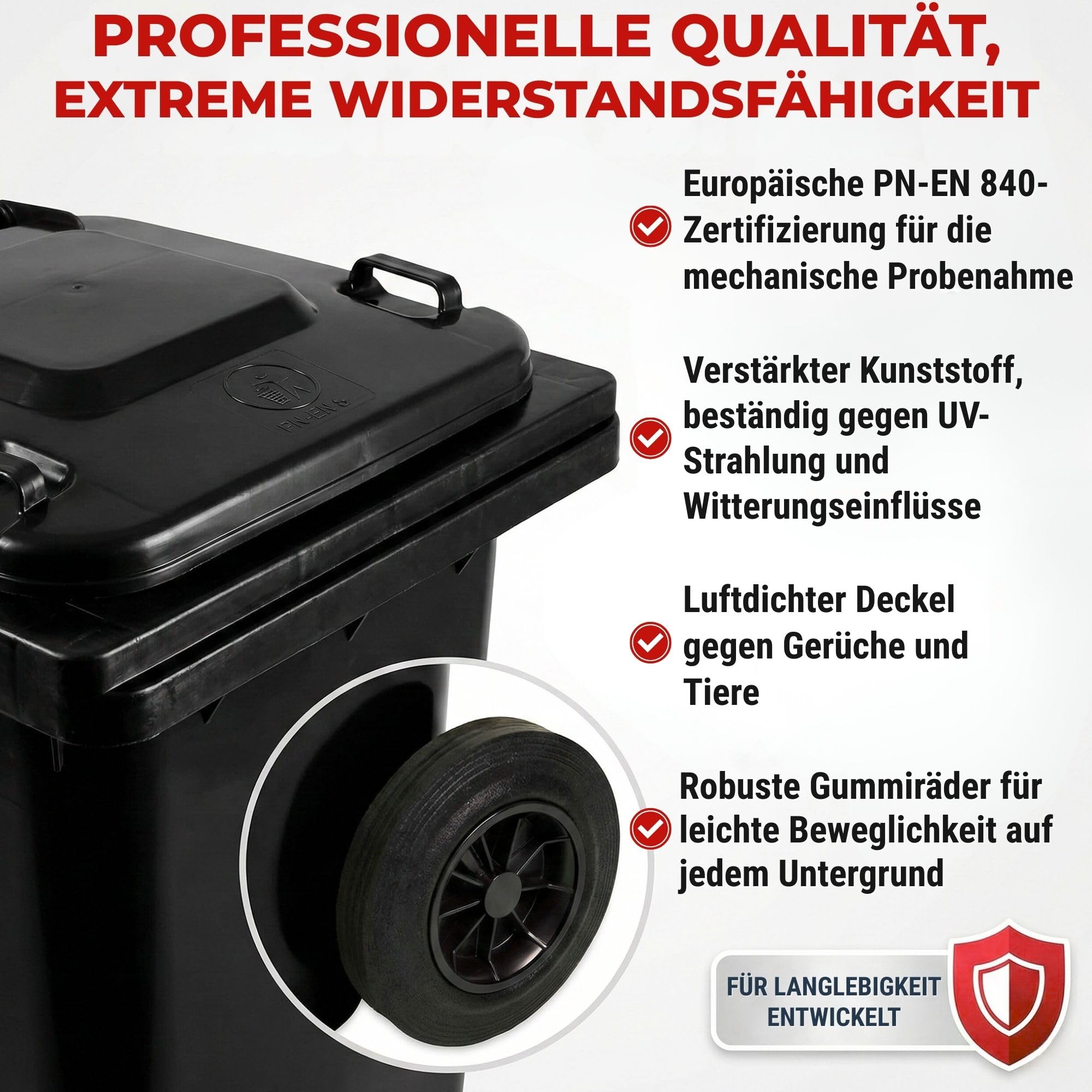 IMJ-Global Mülleimer 240 Liter mit Rädern Mechanischem Aufnahmesystem Mülltonne Abfalleimer Deckel Container PN-EN 840 Graphit