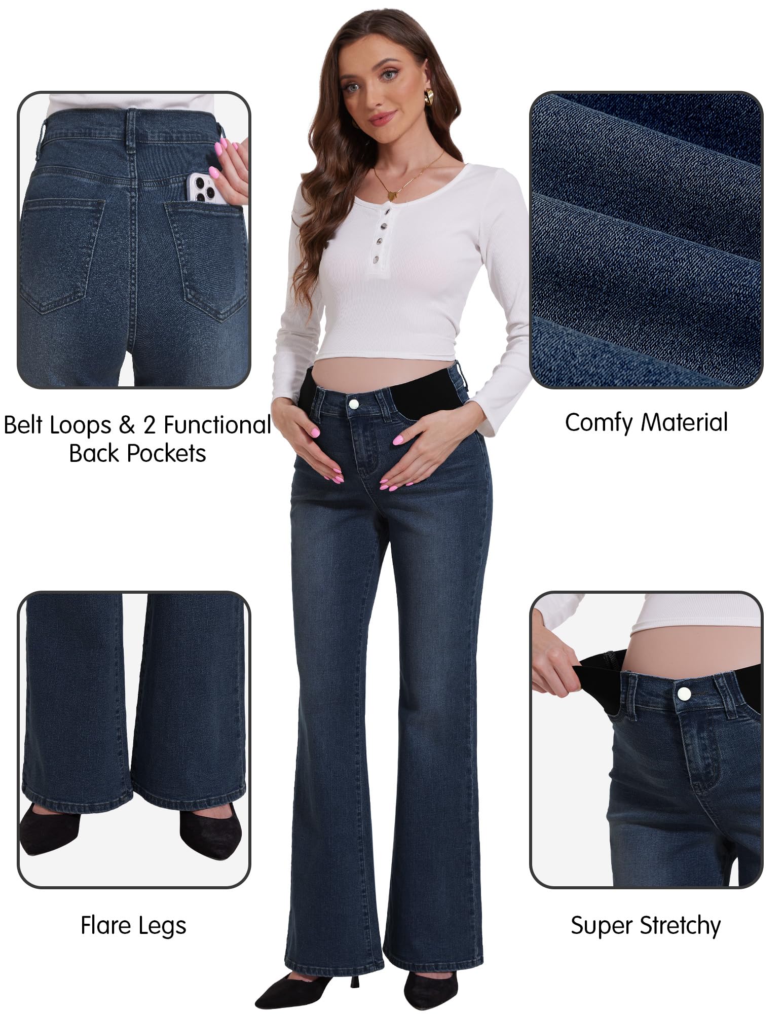 PACBREEZE Jeans acampanados de maternidad para mujer, tiro medio, elásticos, acampanados, corte de bota, pantalones de mezclilla para embarazo, S-XXL