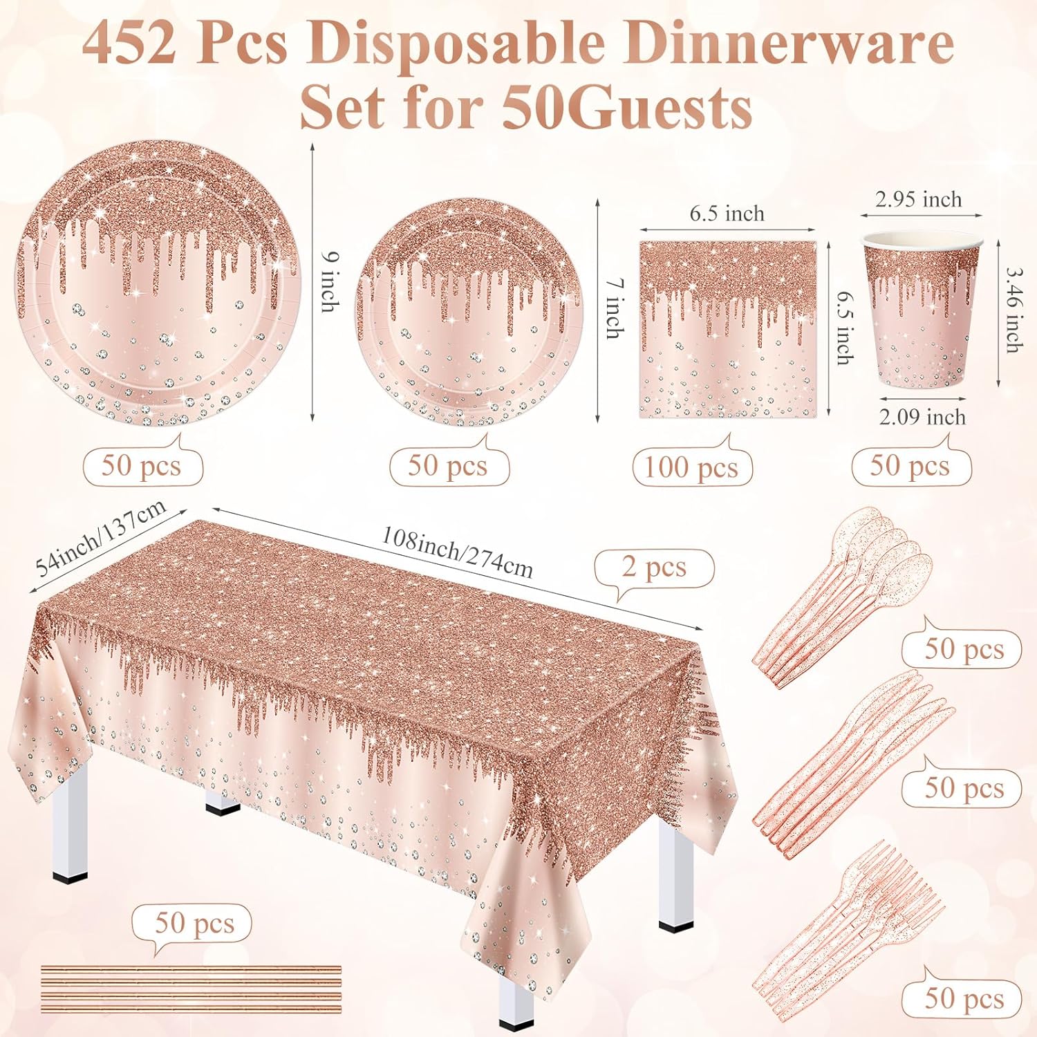 452 Pcs Rose Gold Party Supplies Birthday Decorations Include Glitter Rose Gold Paper Plates and Napkins Cups Tablecloth Cutlery Straws Disposable Tableware Set for Women Birthday