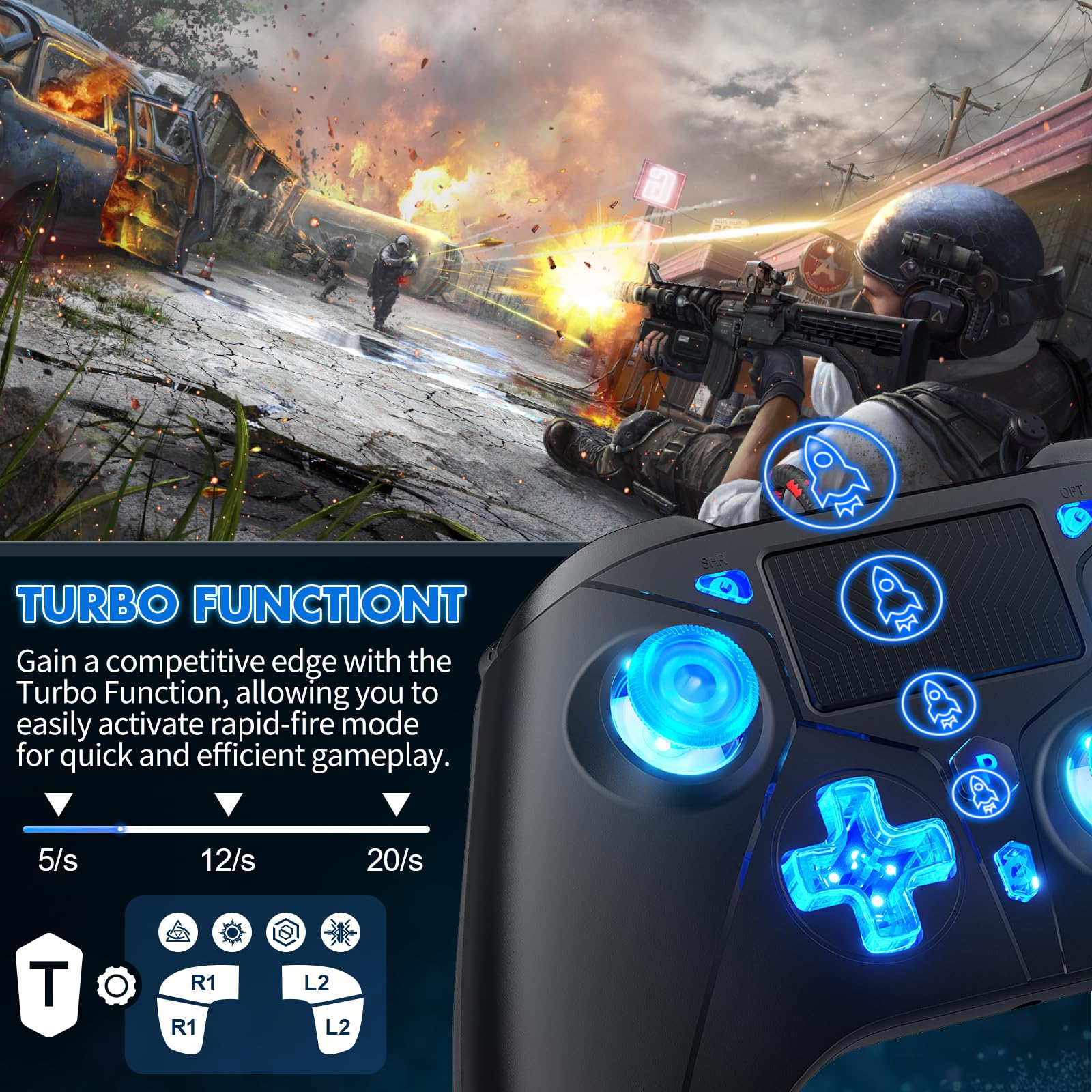 Dinosoo RGB Wired Controller für PS5/PC/PS4, 3,5-mm-Audioanschluss, Makrofunktion, 6-Achsen-Bewegungssteuerung