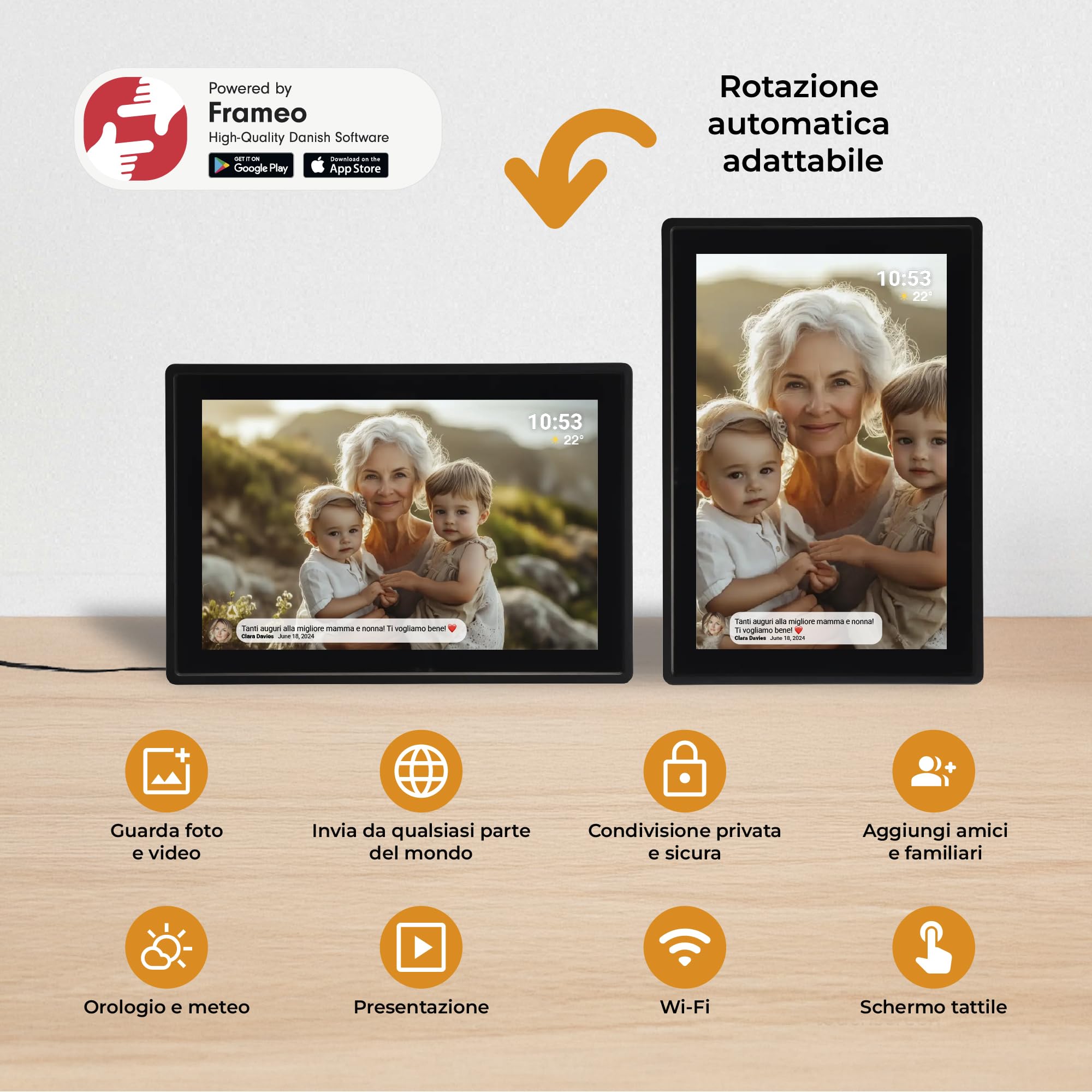 Cornice Digitale 10 Pollici WiFi – Schermo IPS HD 1280x800 – Portafoto Digitale Frameo Denver per Foto e Video – Cornice Elettronica Touchscreen Smart – 16GB Memoria – Slot microSD – Nera