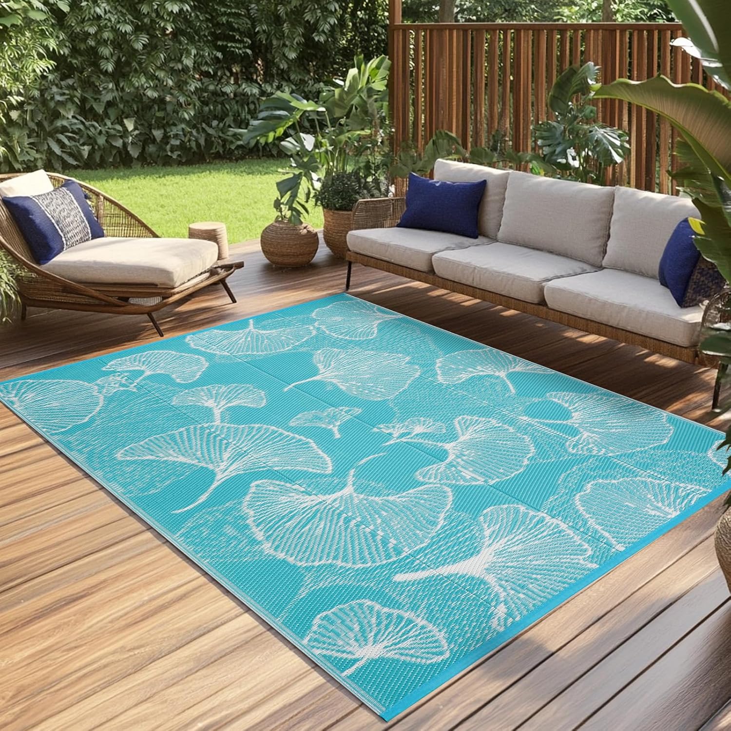 Pcinfuns Outdoor Patio Rugs 9'x12' Waterproof, Reversible Plastic Straw Camping Rug Carpet, Large Area Rugs Mats for Rv, Deck, Porch, Picnic, Beach, Balcony, Aqua Blue & White 9' x 12' (Rectangular) H-aqua Blue/White