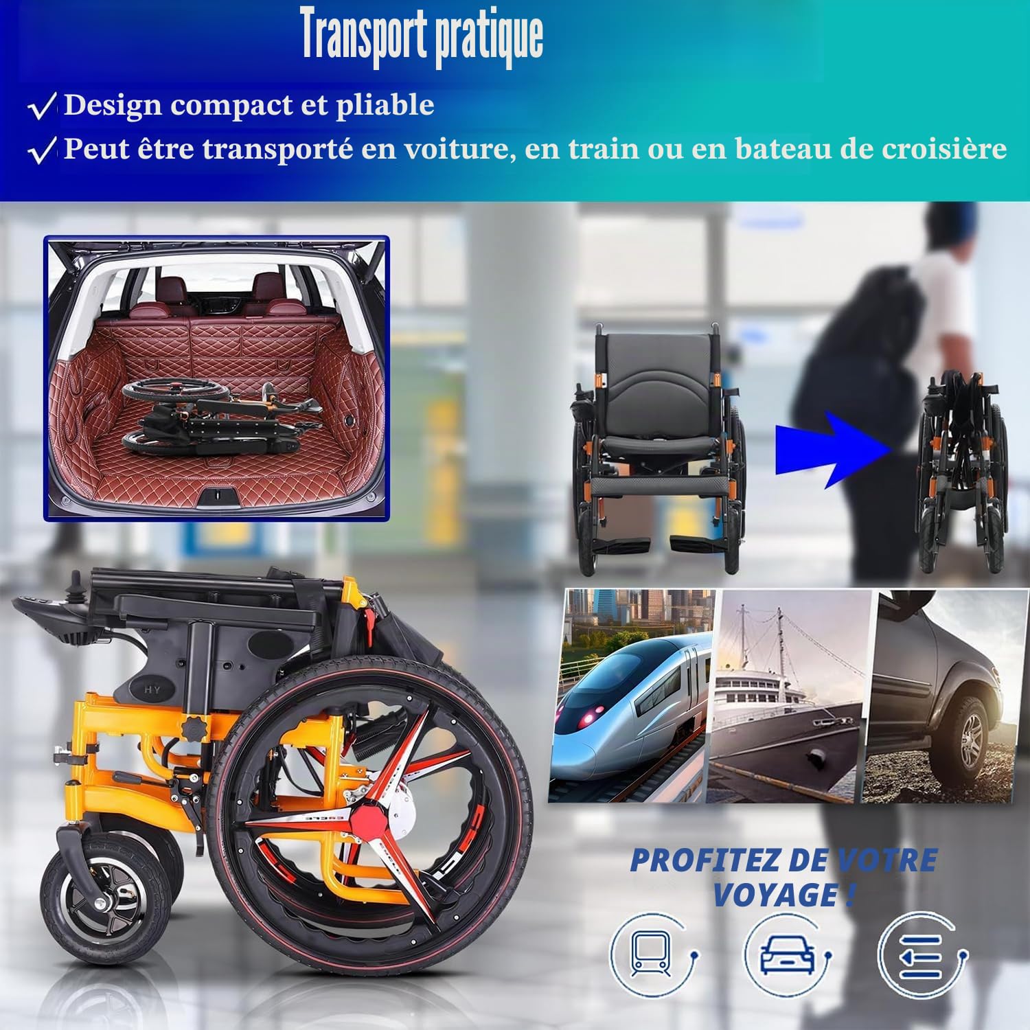 Fauteuil roulant électrique pliable pour adultes, fauteuil roulant motorisé pliable avec double moteur, scooter motorisé pour personnes âgées, taille de voyage (noir-orange)