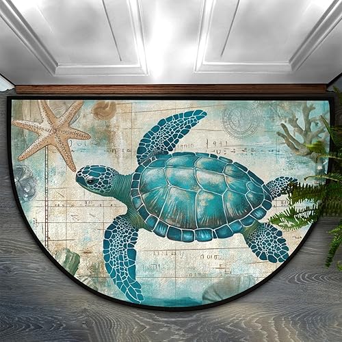 Tapete semicircular con mapa retro de tortuga para entrada interior náutica, antideslizante, semicírculo, tapete para puerta de baño al aire libre,