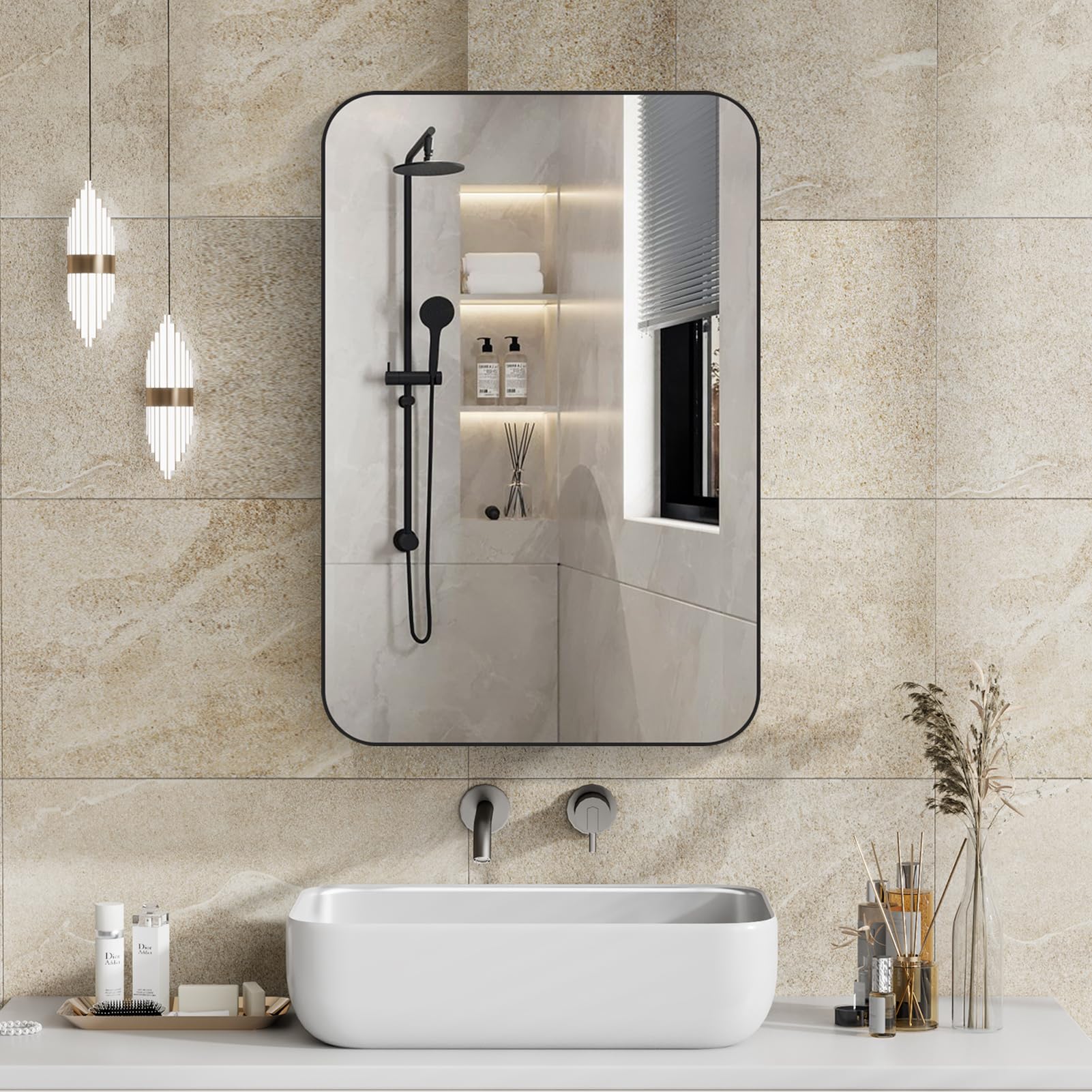 Botiquín de baño de 24 x 16 pulgadas, color negro, montado en la pared o armario de medicina rectangular redondeado con espejo empotrado