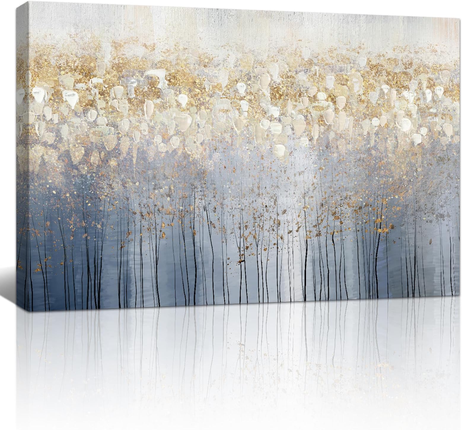 FajerminArt Framed Large Blossom Tree Canvas Wall Art Abstract Floral Gray Gold Canvas Prints Painting Wall Artwork Picture for Living Room Bedroom Home Decorations Ready To Hang 24"x36"（60cmx90cm）