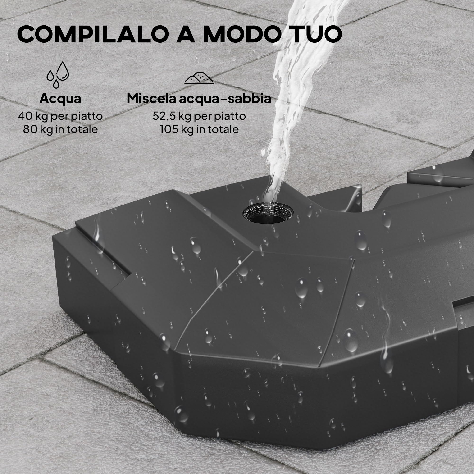 Outsunny Set 2 Pesi per Ombrellone Riempibili in HDPE 101x101x12cm Nero