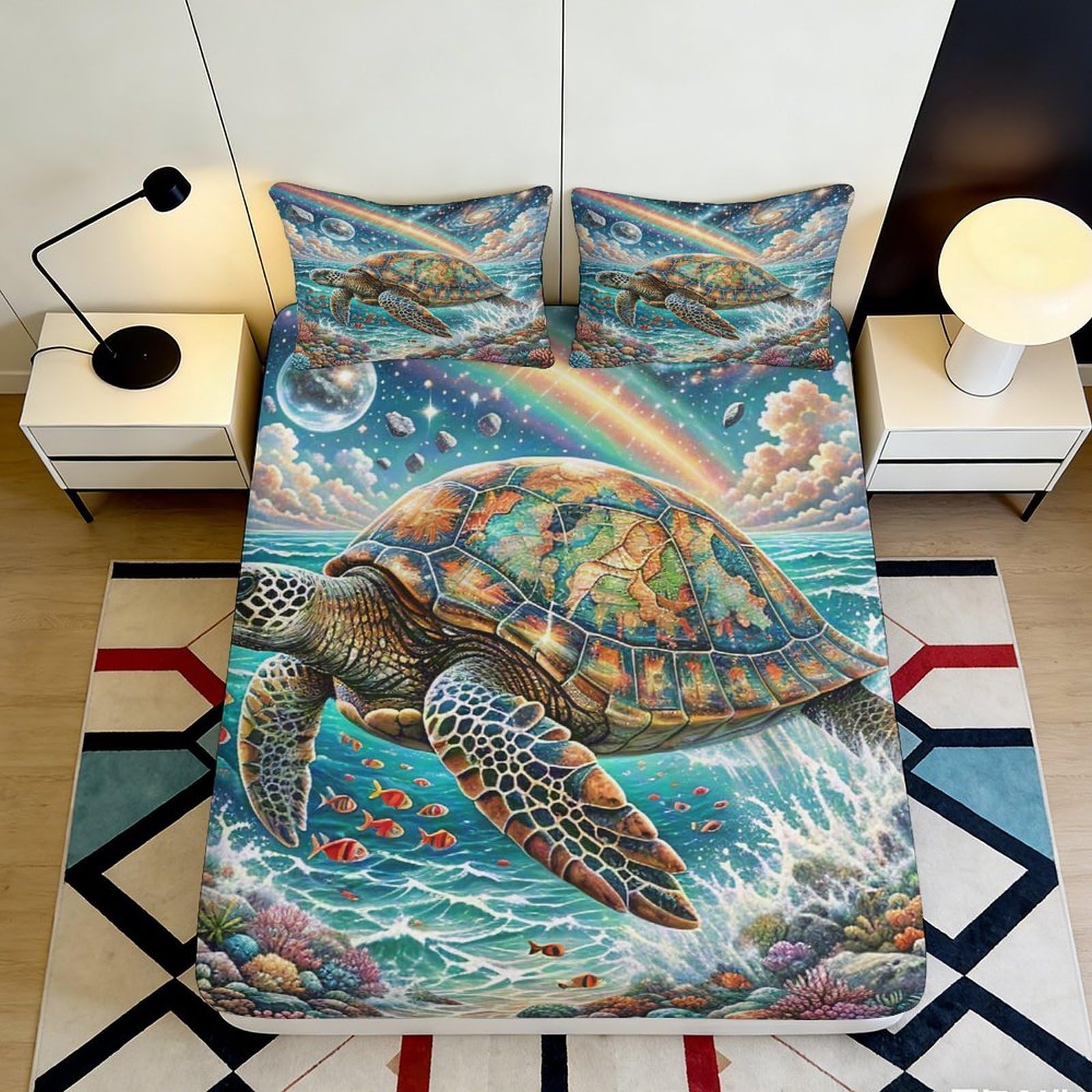 3D Printed Ocean Turtle Fitted Sheet Microfiber Soft Breathable Rainbow Waves Mattress Cover for Bedroom Dorm Decor 90x200x25cm