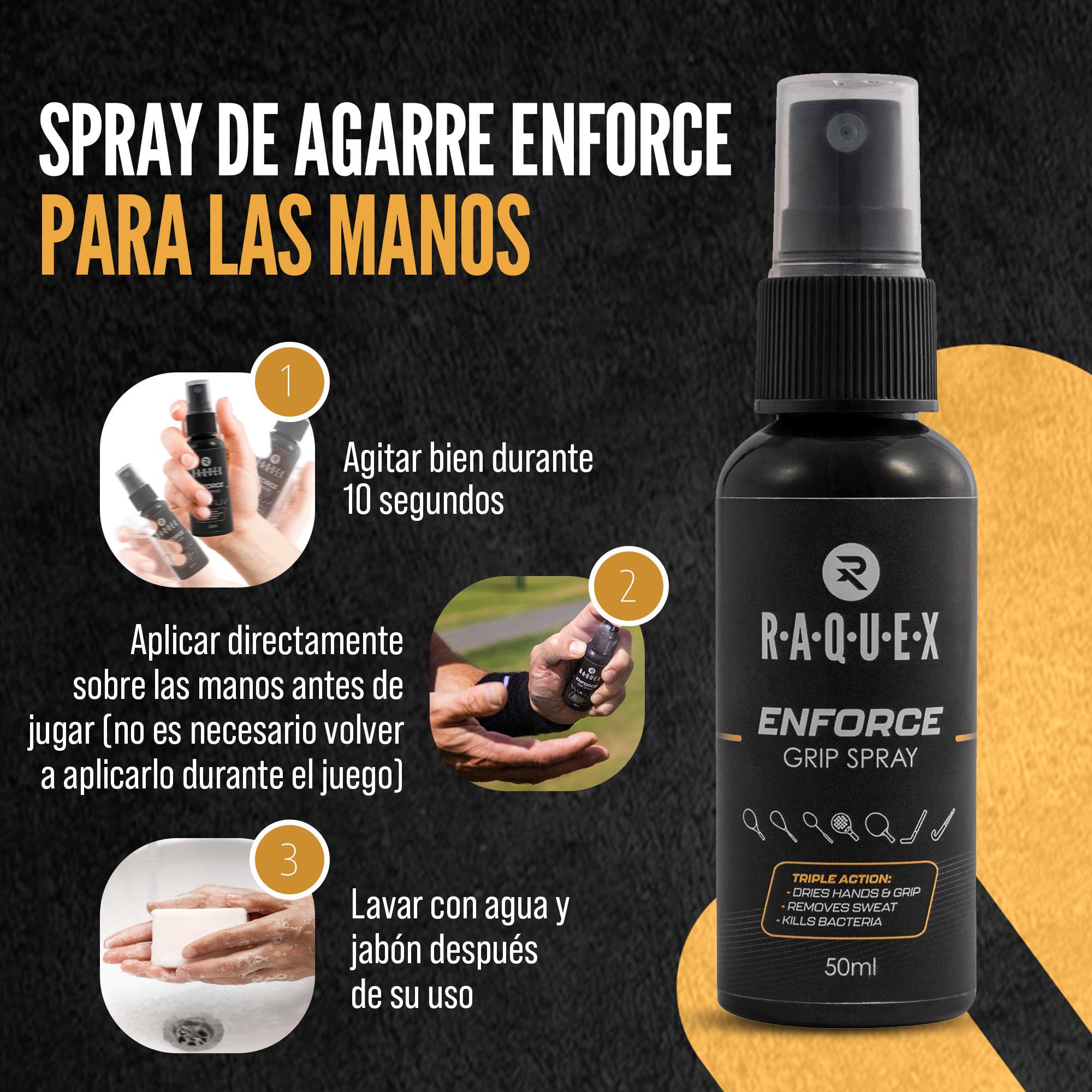Raquex Spray Enforce Grip, 50 ml, Spray de Agarre para Unas Manos secas y sin Sudor para Deportes de Raqueta y Hockey. Spray de tracción de Secado rápido Que Elimina el Sudor para un Agarre excelente