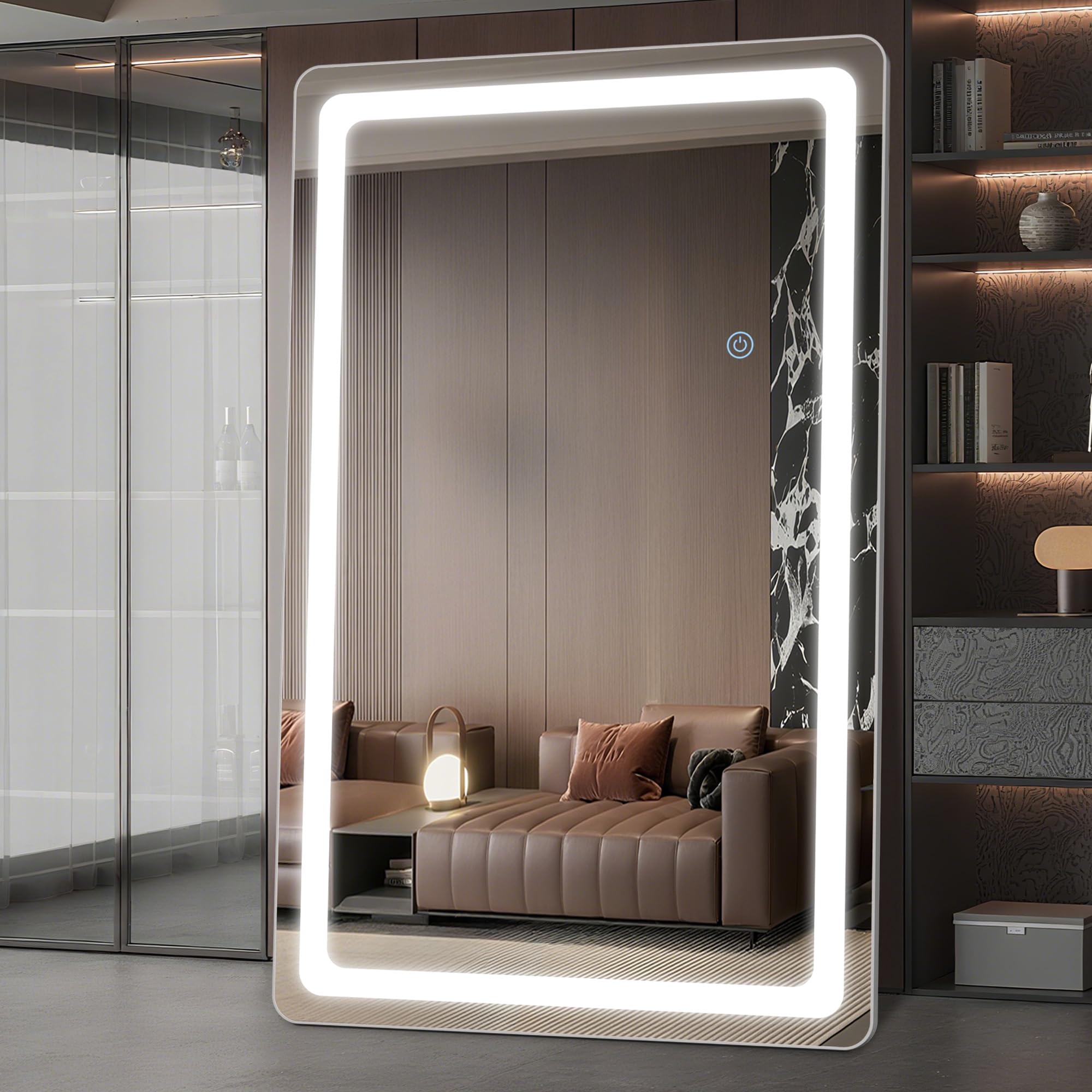 Antok LED Full Length Mirror with Light, 71"x28" Lighted Full Body Mirror with Stand, Dimmable & 3 Color Lighting Standing/Leaning/Wall Mounted Vanity Mirror for Bedroom Cloakroom Livingroom(Rect): 72"L x 44"W Rect Style White