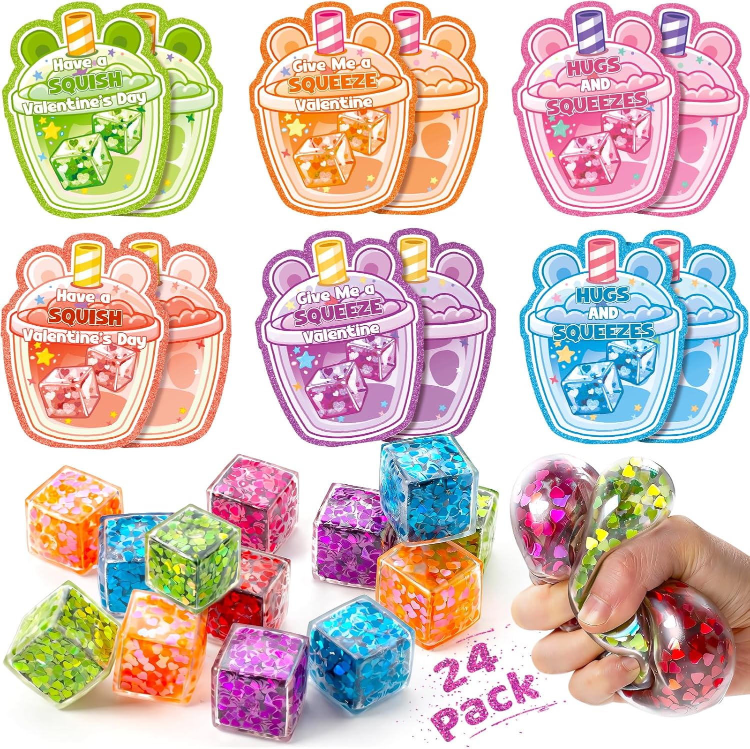 Valentines Day Cards for Kids School, 24 Pcs Ice Cube Shaped Squeeze Balls with Cards, Stress Relief Fidget Toys in 6 Glitter Colors, Ideal for Classroom Exchange Prizes, Valentines Party Favors