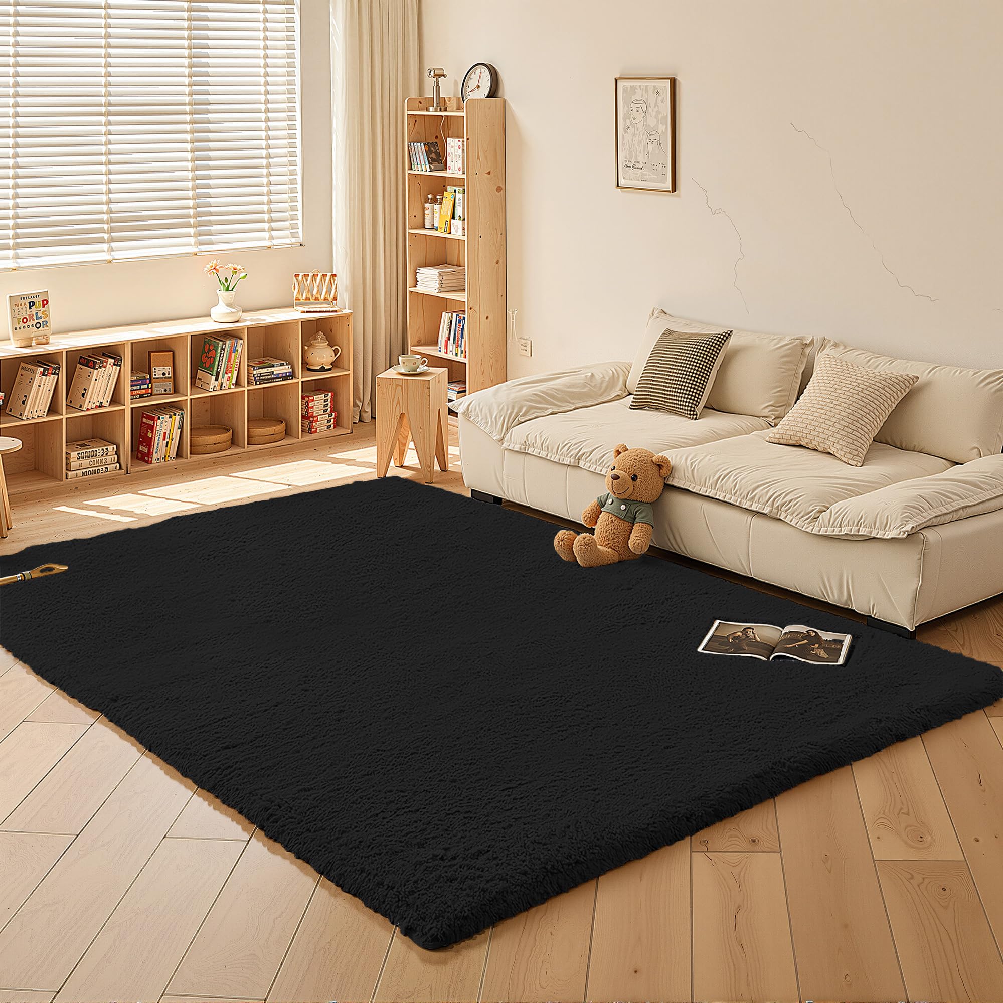 RUN HELIX Fluffy Shaggy Rugs Living Room, Modern Large Grey Area Rug with Anti-Slip Backing, Machine Washable Non-Shedding Carpet for Bedroom, Dining room, Kids Room, Nursery, Black, 80x150 cm