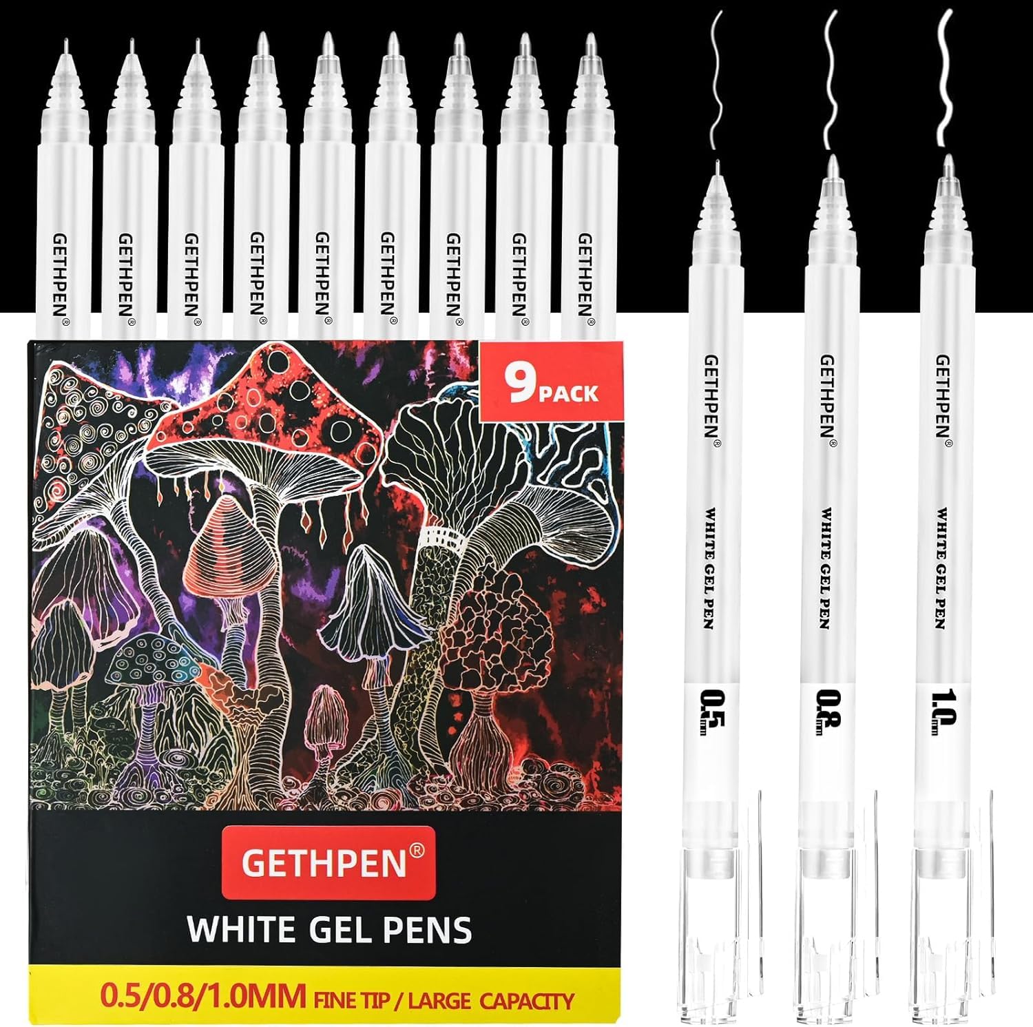 HANGYING 9Pcs White Gel Pens 0.5/0.8/1.0mm High Light Ink for Black Paper